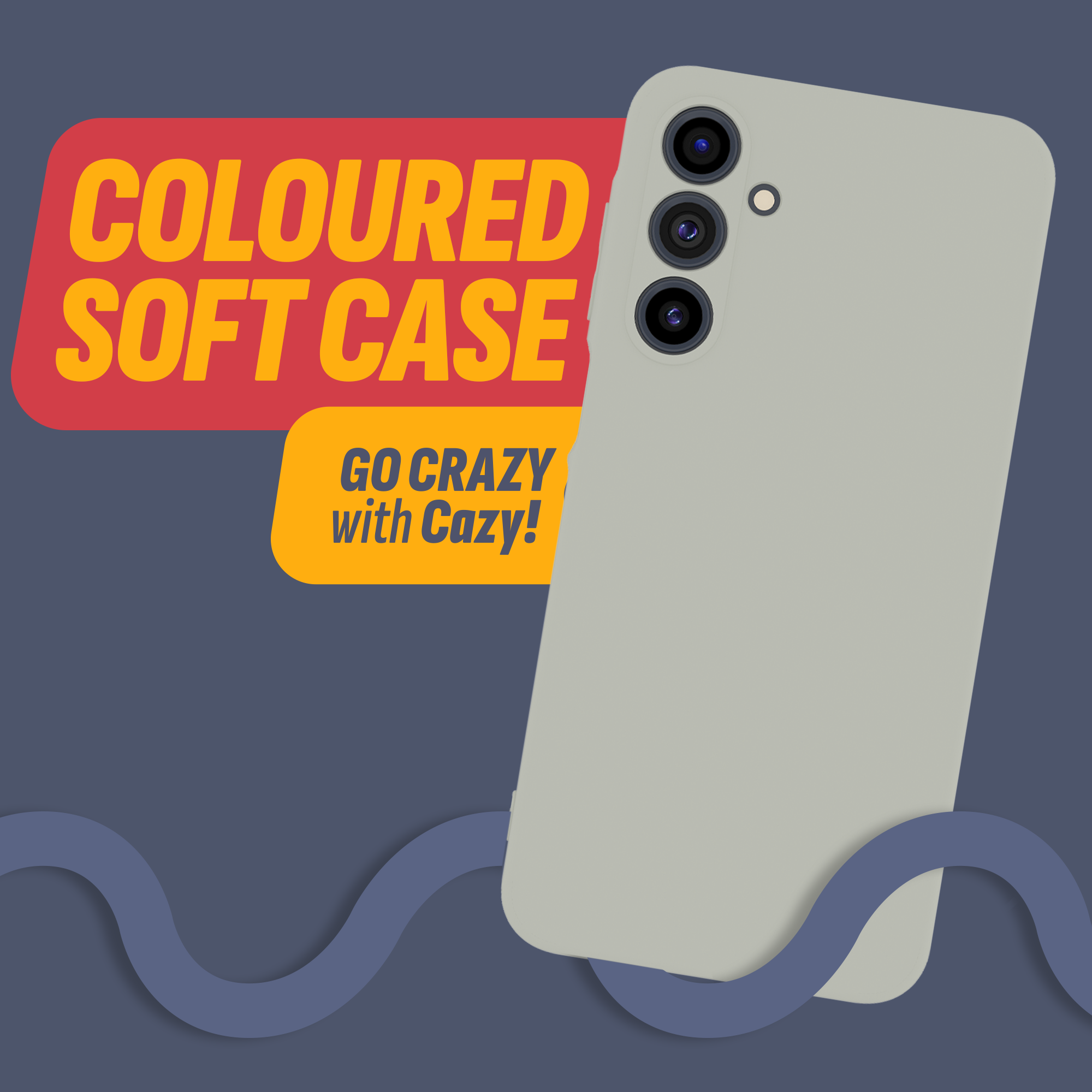 Gezeigt wird eine Handyhülle mit drei Kameras. Der Hintergrund zeigt Text über farbige Softcases und eine wellenförmige Linie.