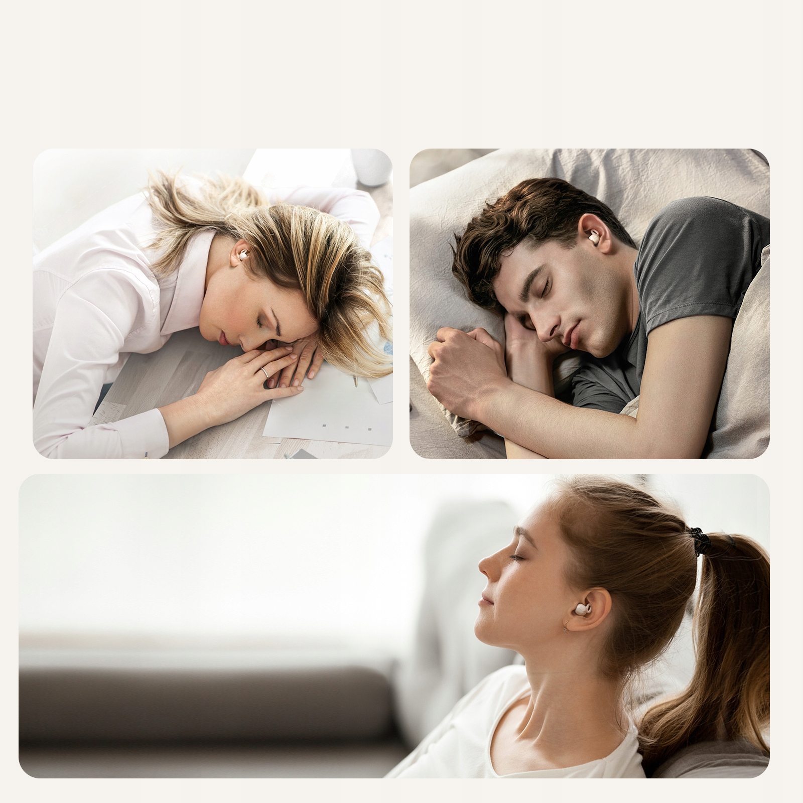 Trzy osoby w słuchawkach, śpiące lub zrelaksowane. Jedna na biurku, jedna w łóżku i jedna na sofie.