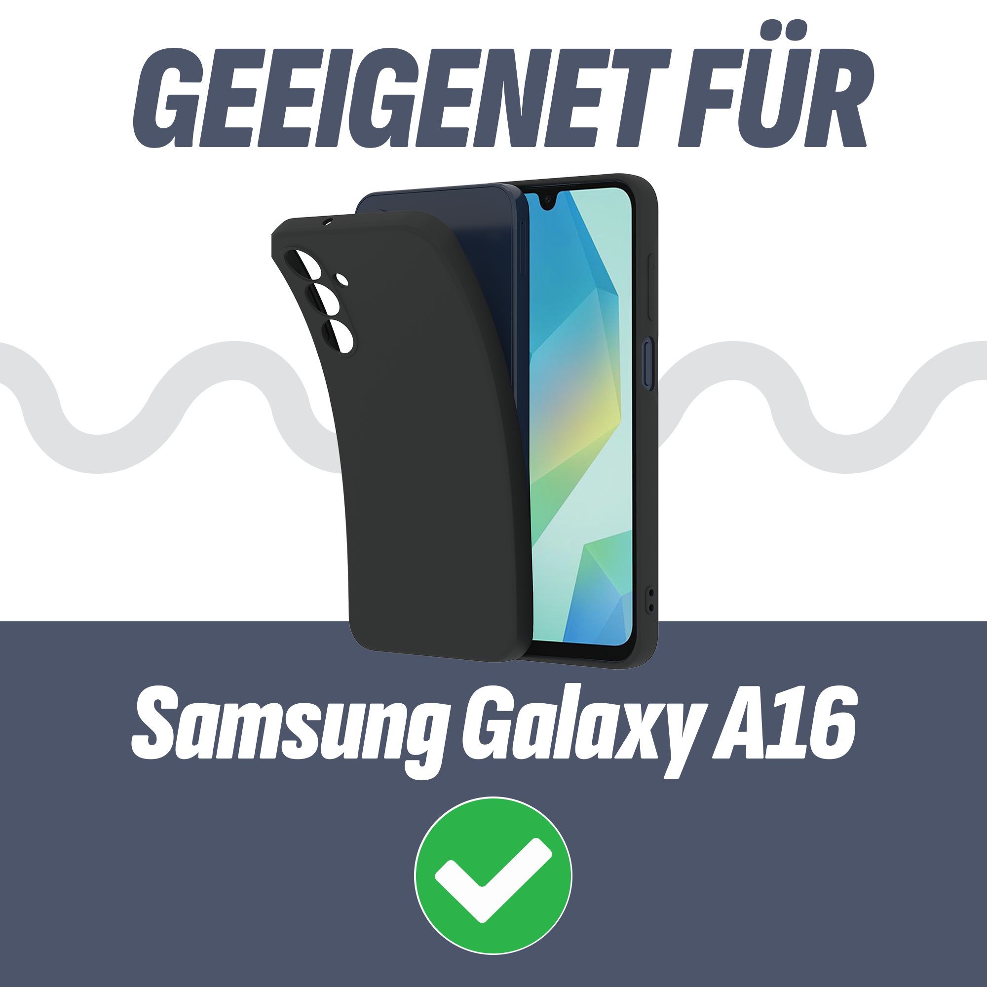 Das Bild zeigt eine schwarze Handyhülle, die ein Telefon teilweise bedeckt, mit dem Text 'Geeignet für Samsung Galaxy A16'.