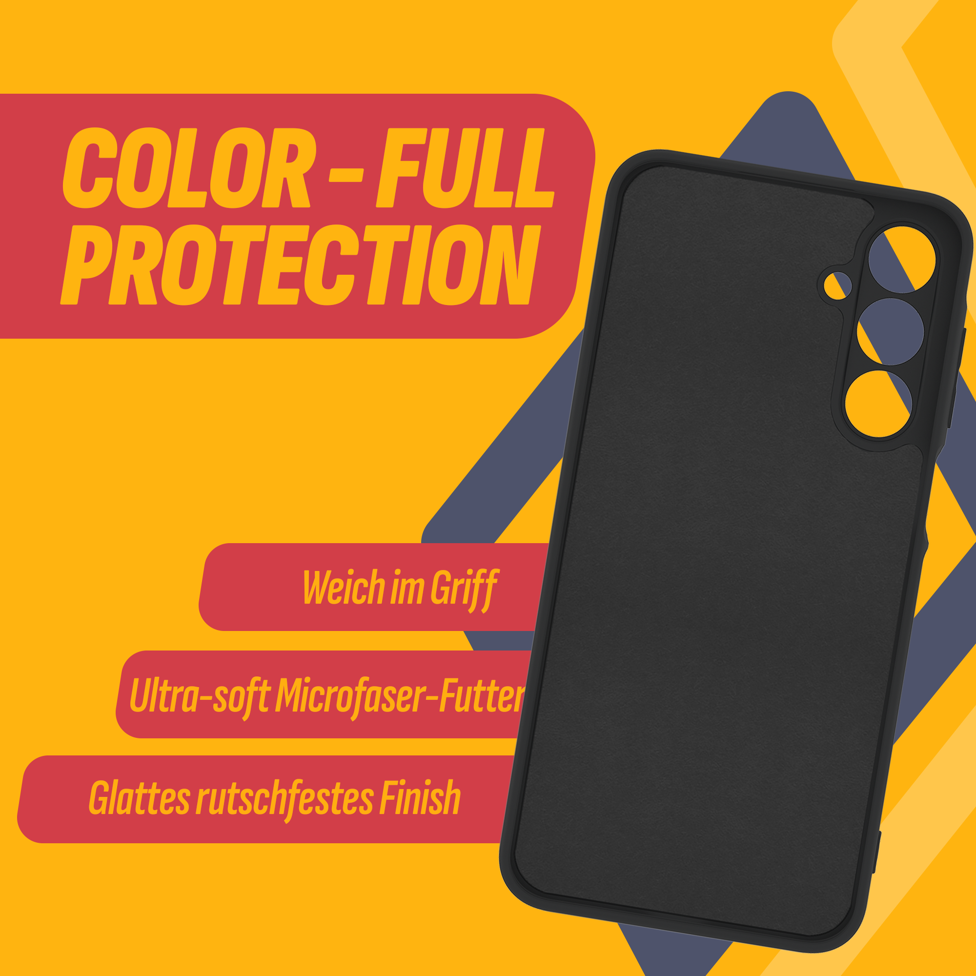 Eine schwarze Handyhülle auf gelbem Hintergrund mit rotem Text. Text enthält 'COLOR-FULL PROTECTION' und Feature-Beschreibungen.