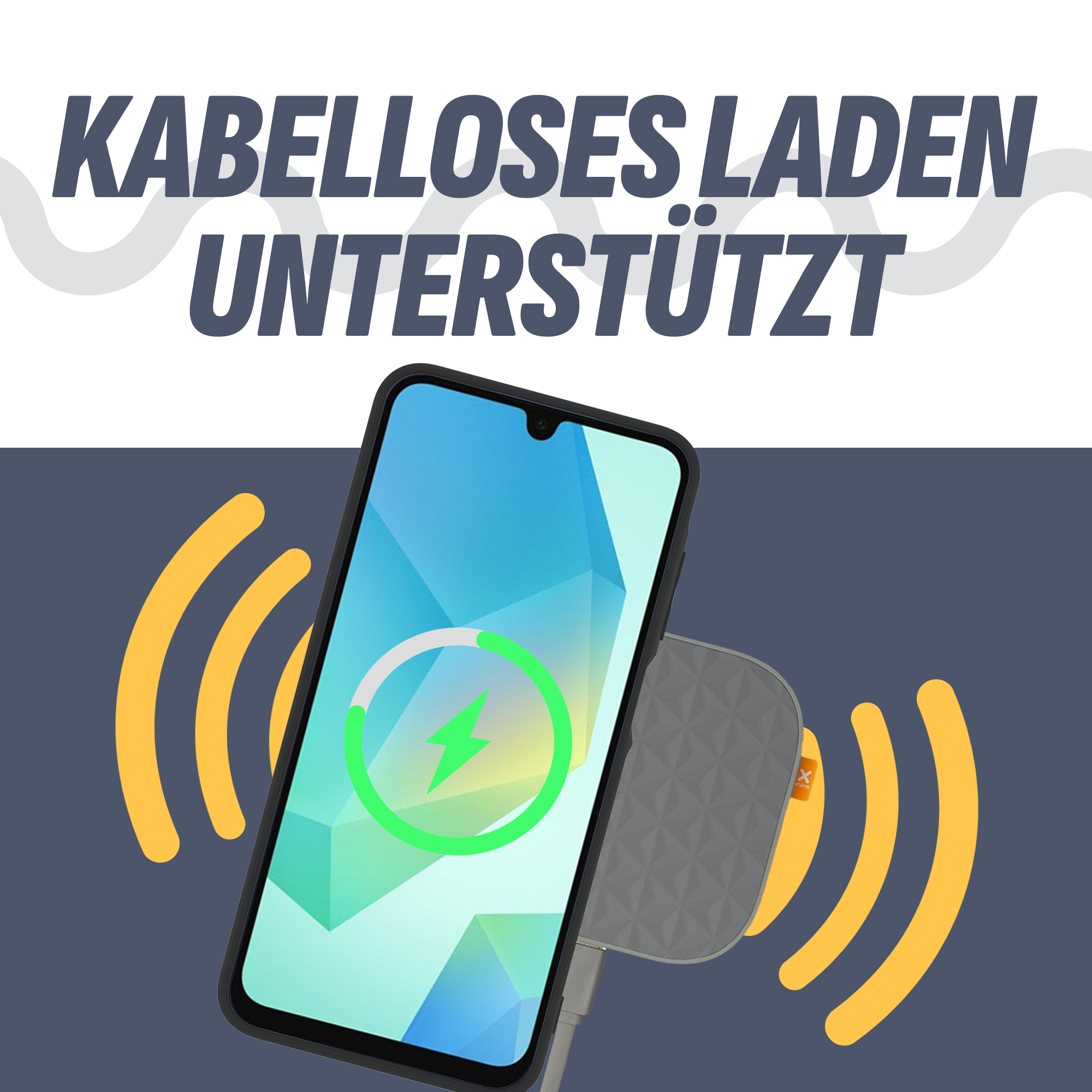 Telefon wird kabellos geladen. Text lautet 'Kabelloses Laden unterstützt'. Telefon zeigt Ladesymbol.