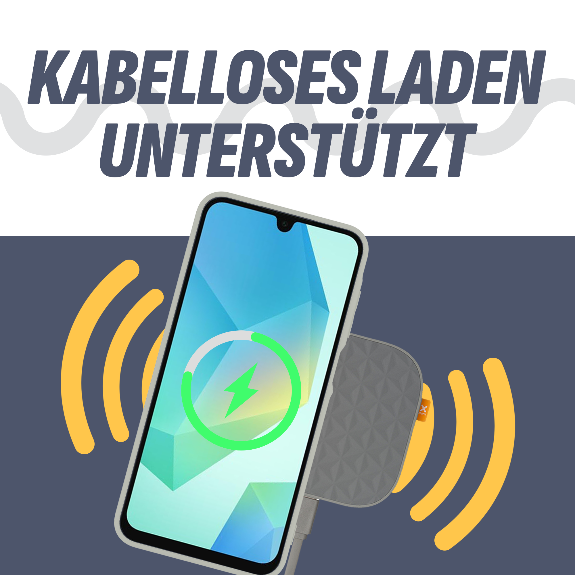 Ein Telefon auf einem kabellosen Ladegerät mit einem grünen Ladesymbol. Text oben: 'Kabelloses Laden unterstützt'.