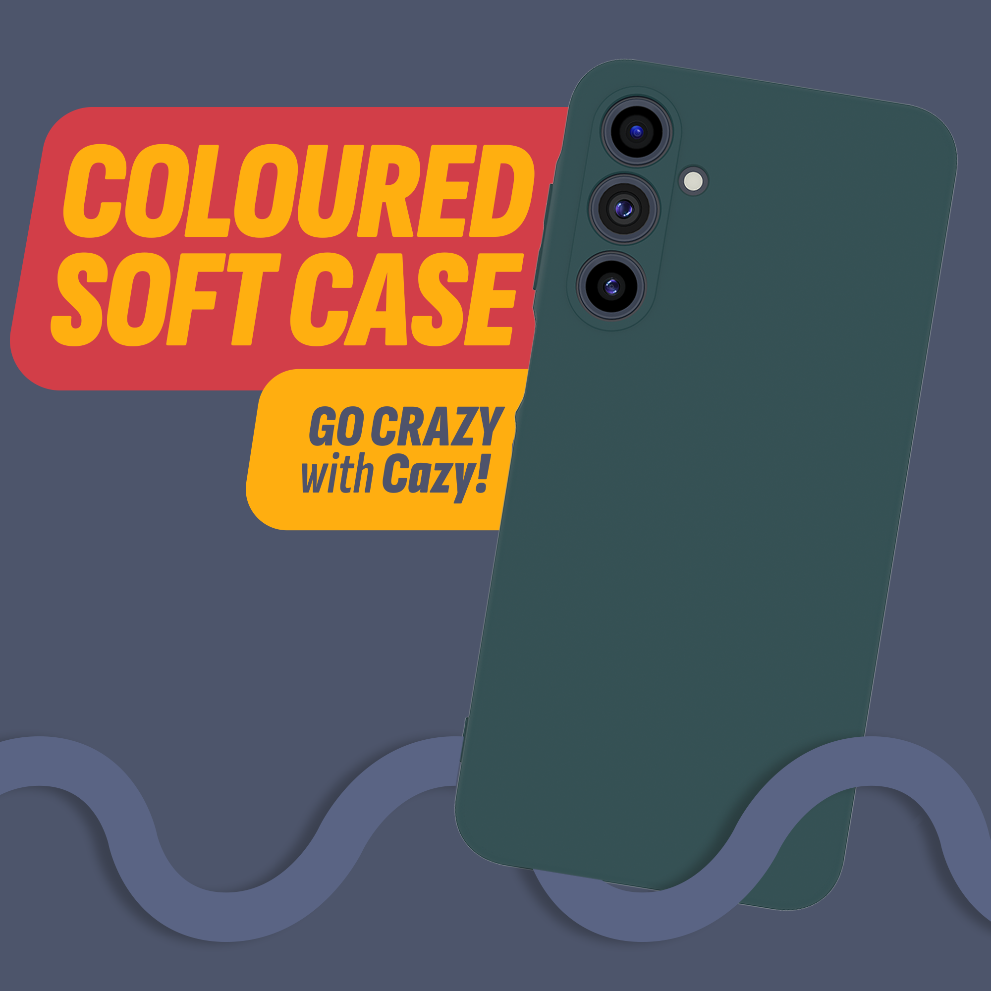 Dunkelgrüne Handyhülle mit Dreifachkamera. Text lautet 'COLOURED SOFT CASE' und 'GO CRAZY with Cazy!' auf dunklem Hintergrund.