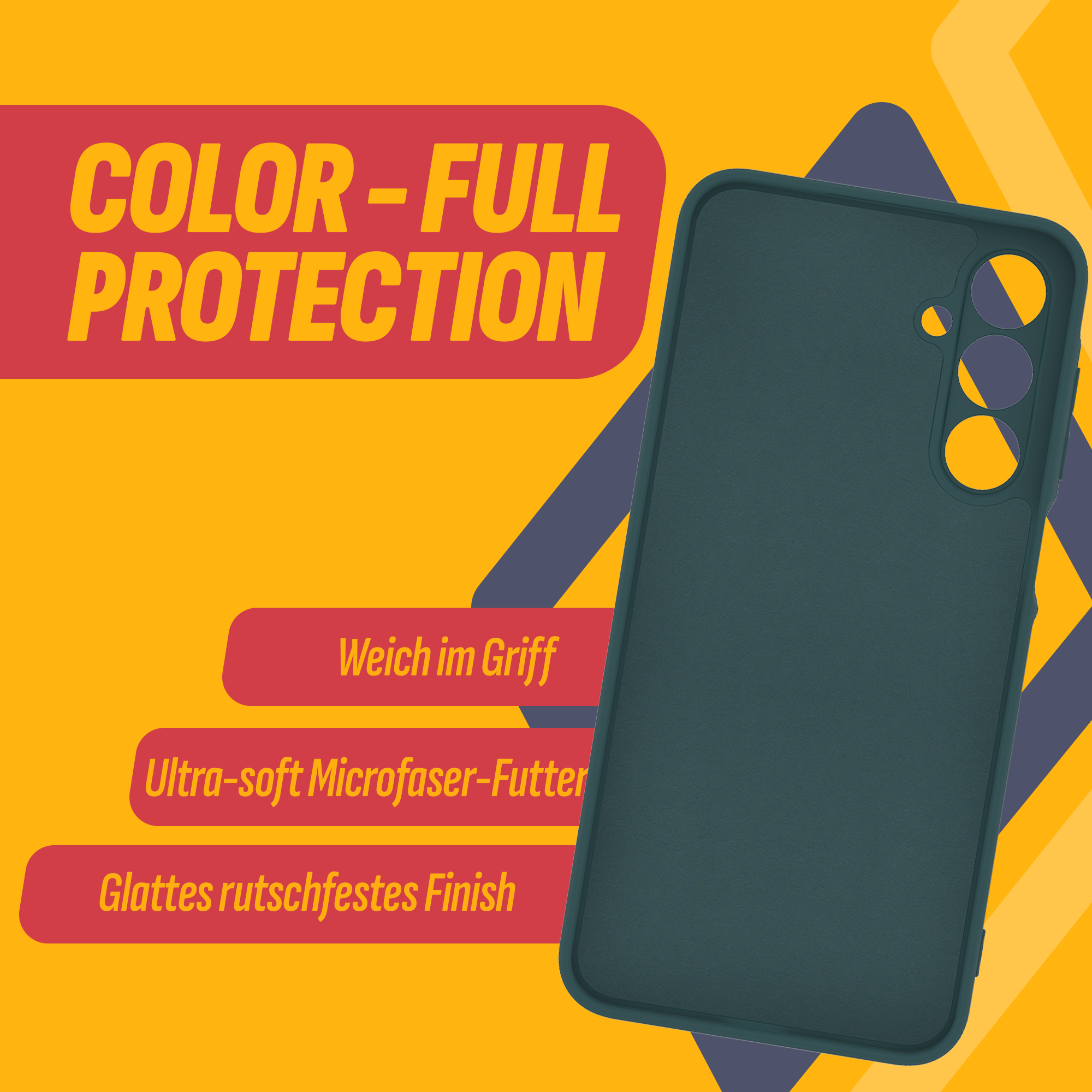 Eine tealfarbene Handyhülle auf gelbem Hintergrund mit rotem Text: 'COLOR - FULL PROTECTION'.
