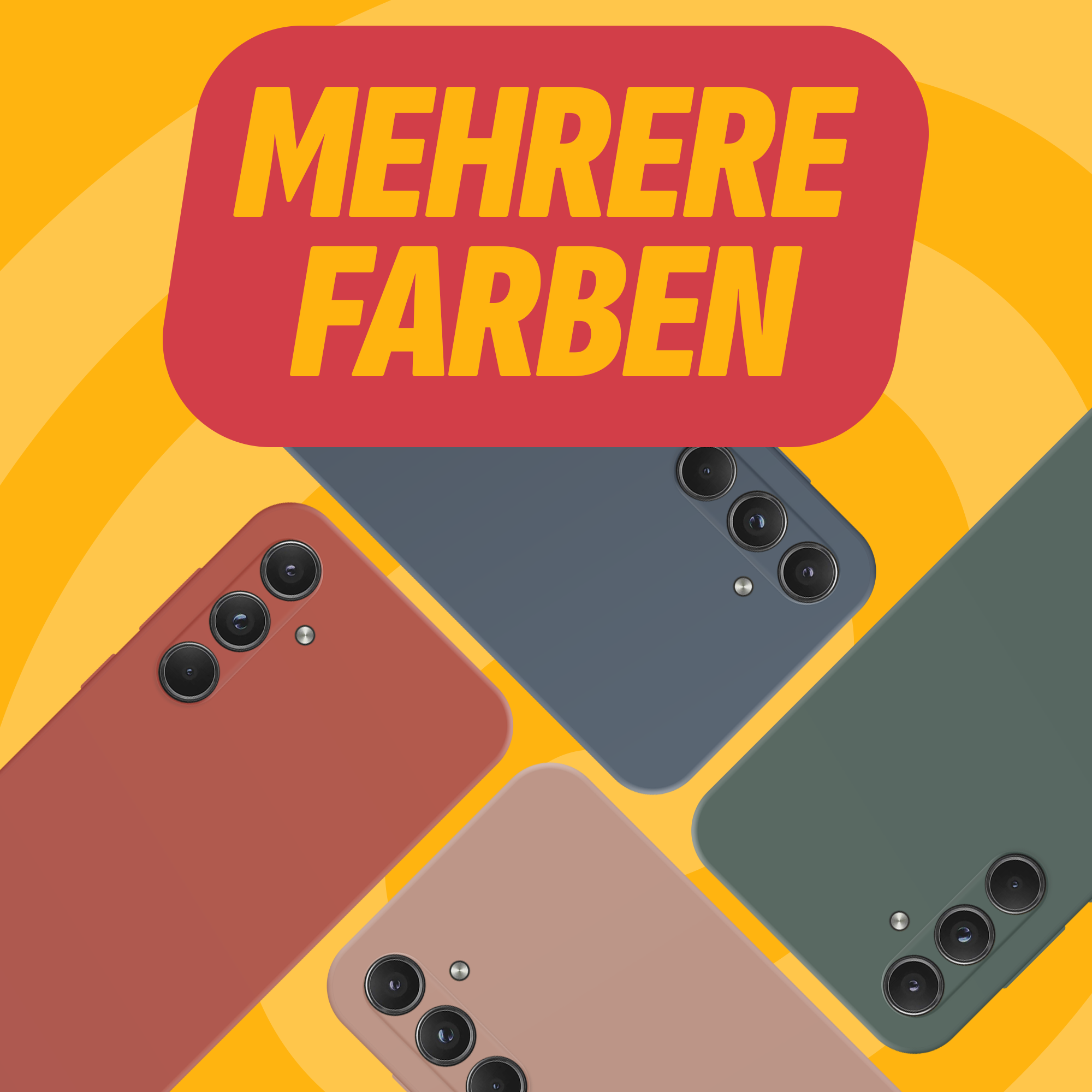 Bild zeigt Telefone in mehreren Farben: rot, blau, rosa und grün, mit einem Text-Overlay 'MEHRERE FARBEN' in Gelb auf Rot.