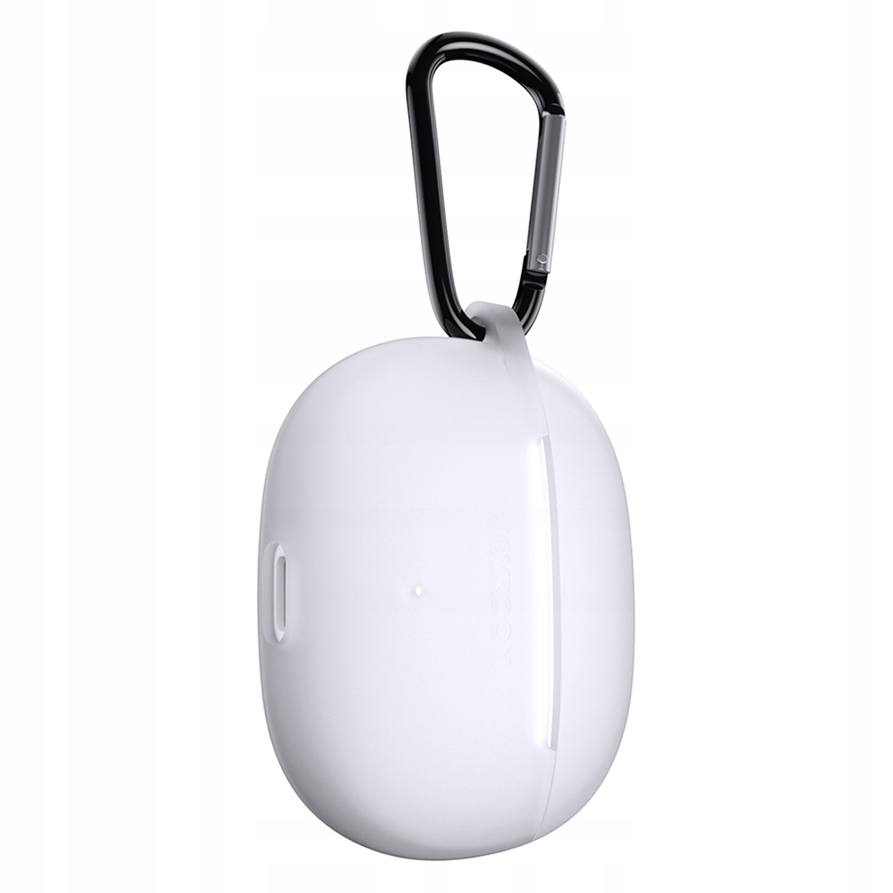 Ein weißes, oval geformtes Ohrhörer-Etui mit einem schwarzen Karabinerhaken, der oben befestigt ist, vor weißem Hintergrund.