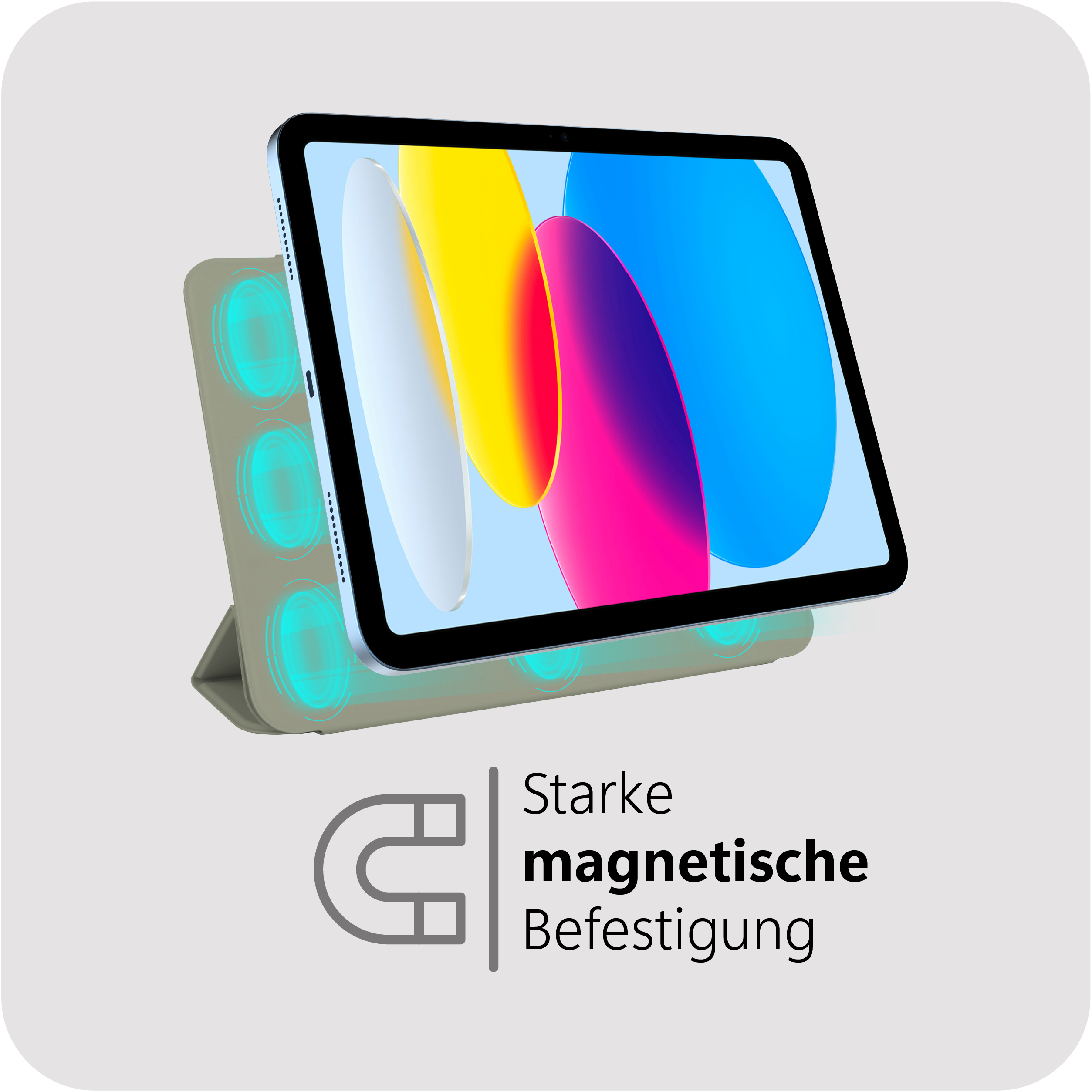 Tablet auf einem Ständer mit farbenfrohem Display. Text: 'Starke magnetische Befestigung'.