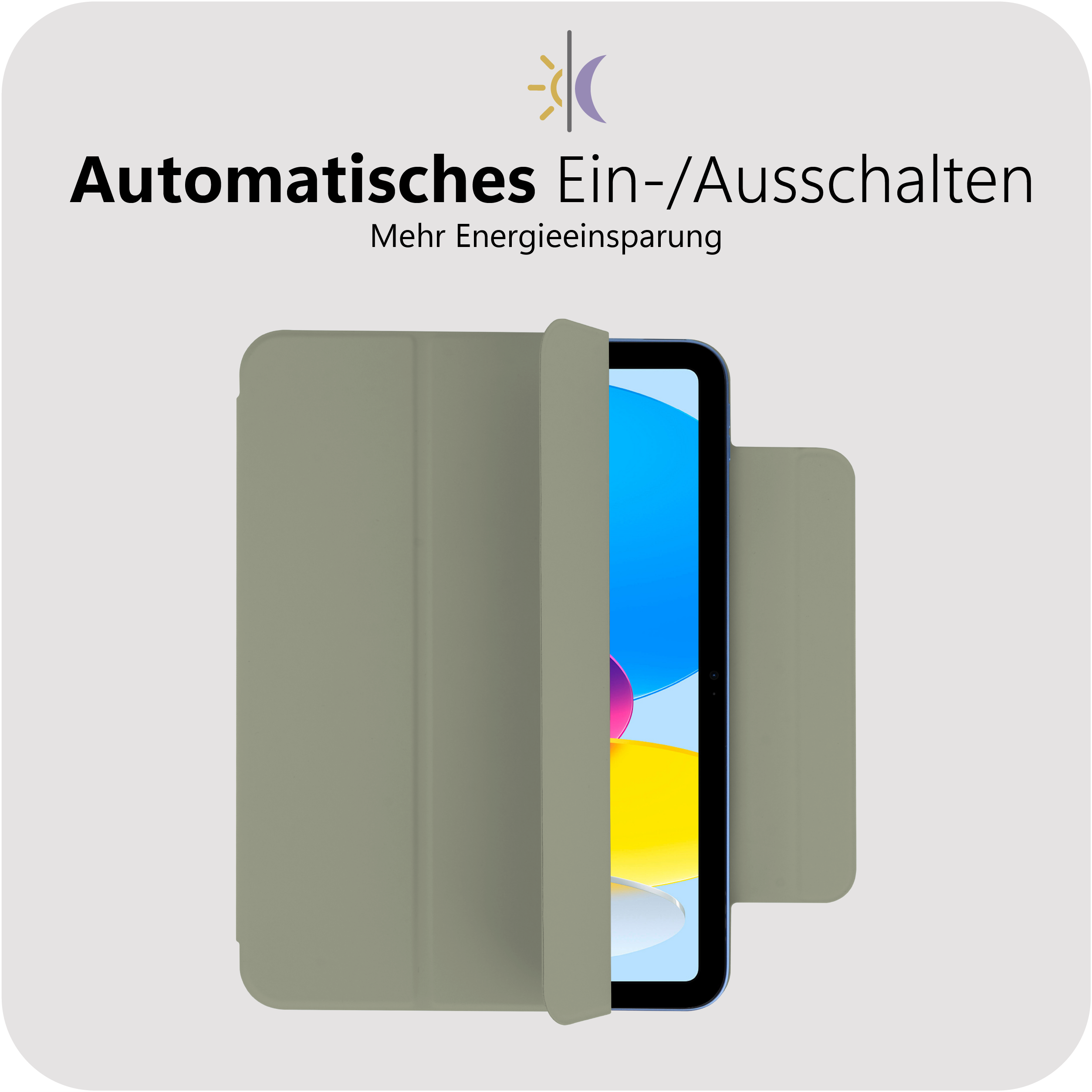 Ein Tablet in einer Schutzhülle. Text lautet: 'Automatisches Ein-/Ausschalten, mehr Energie sparen'. Hintergrund hellgrau.