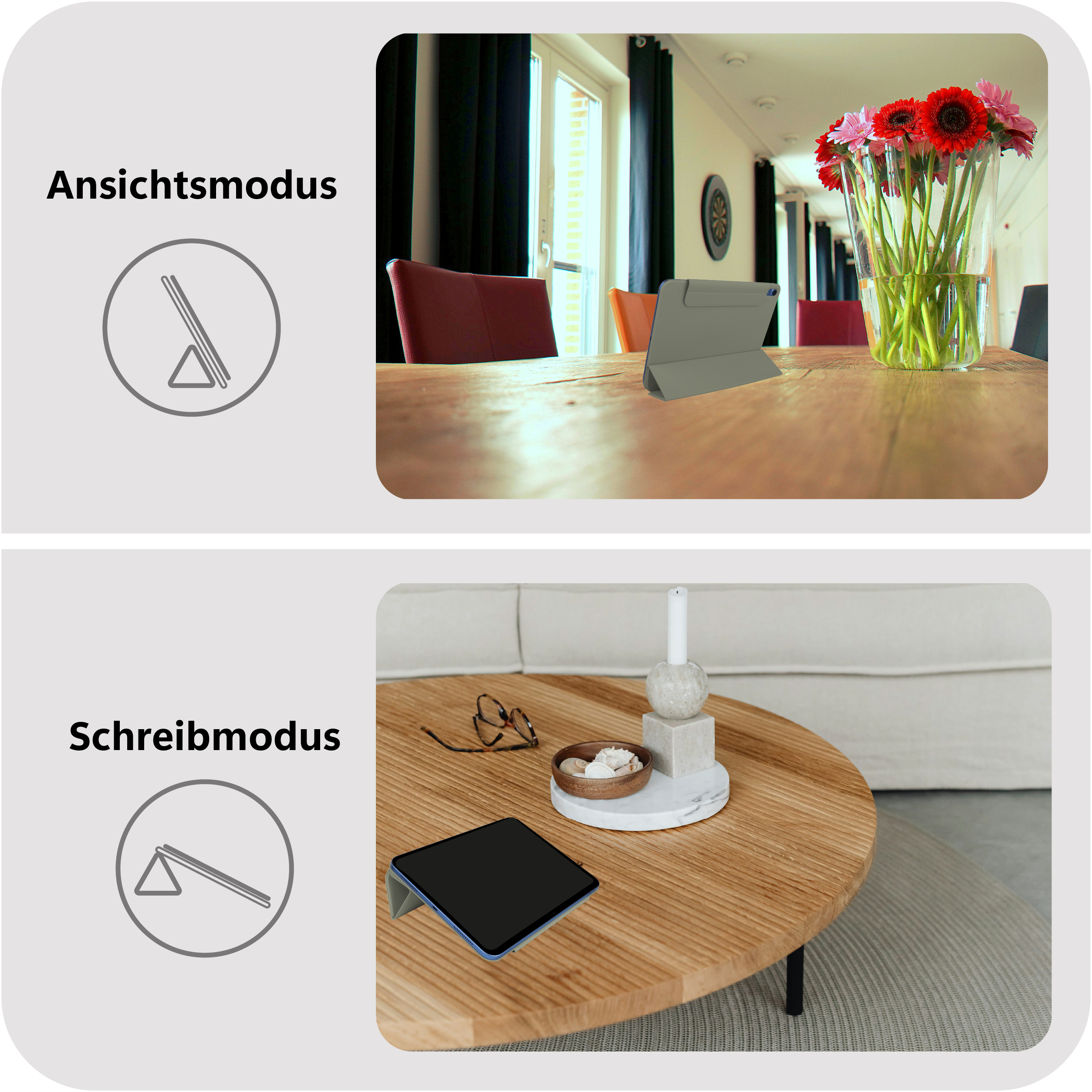 Oben: Tablet auf einem Tisch mit Blumen. Unten: Tablet auf einem Tisch mit Gläsern und Kerze. Zwei verschiedene Modi.