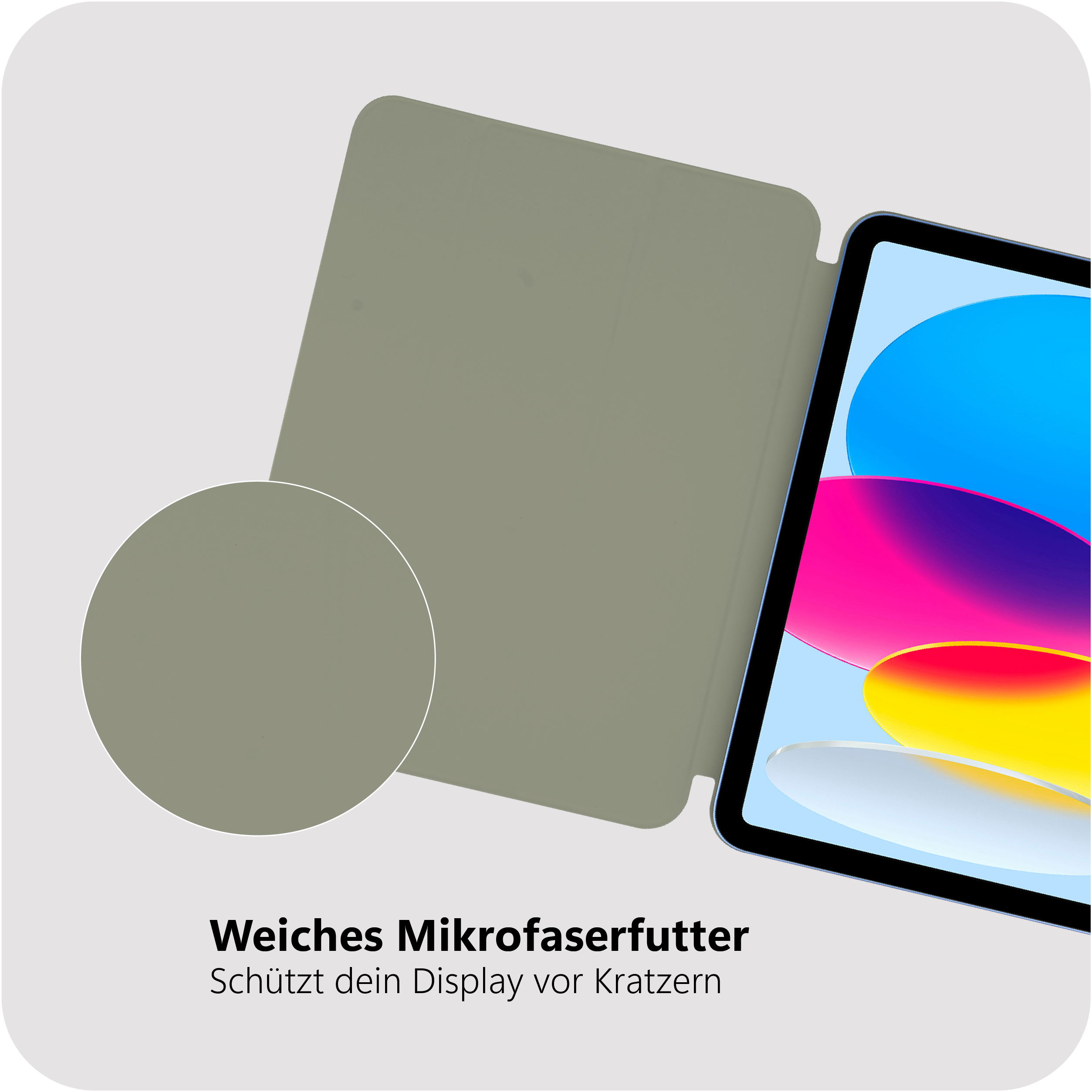 Ein iPad mit Hülle. Die Hülle ist grau mit einem kreisförmigen Detail links. Der Bildschirm zeigt Blau, Rosa und Gelb.