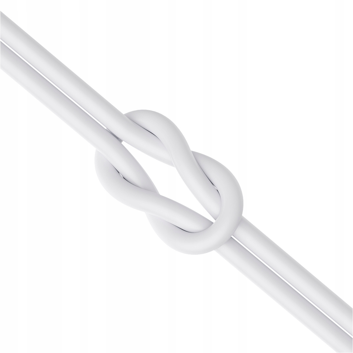 Dwa białe kable tworzą węzeł na białym tle. Jeden kabel przechodzi przez węzeł, drugi obok niego.