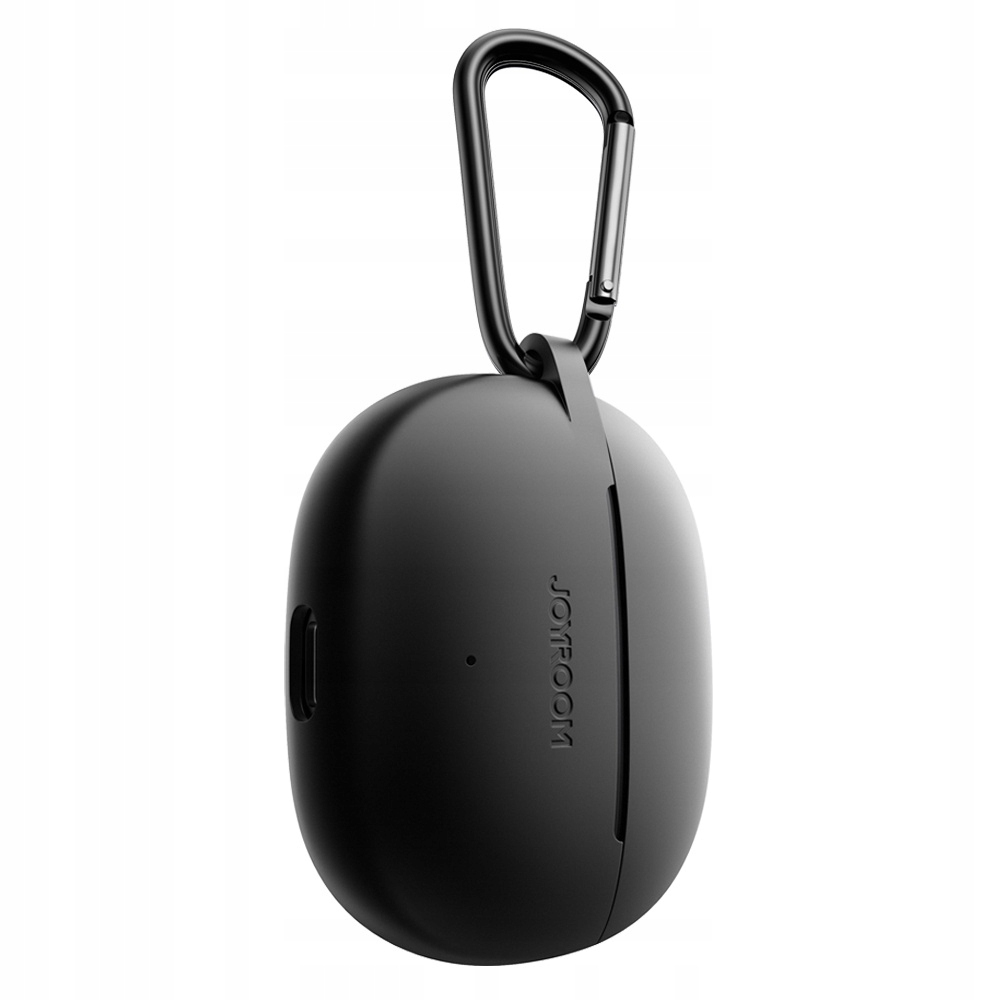 Schwarzes Joyroom-Kopfhörer-Etui mit Karabinerhaken. Das Etui ist oval geformt. Der Hintergrund ist weiß.