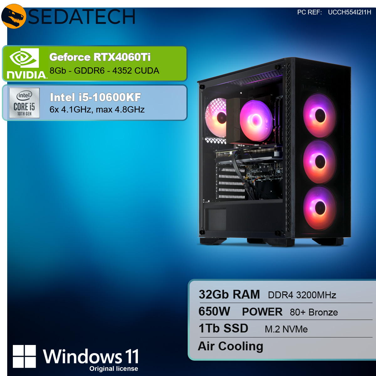 Un case per PC nero con ventole colorate. Specifiche: RTX 4060Ti, Intel i5, 32GB RAM, 1TB SSD e Windows 11.
