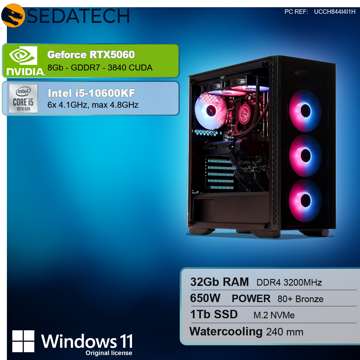 Komputer do gier ze specyfikacjami: RTX 5060, Intel i5, 32 GB RAM, 1 TB SSD, chłodzenie wodne i Windows 11.