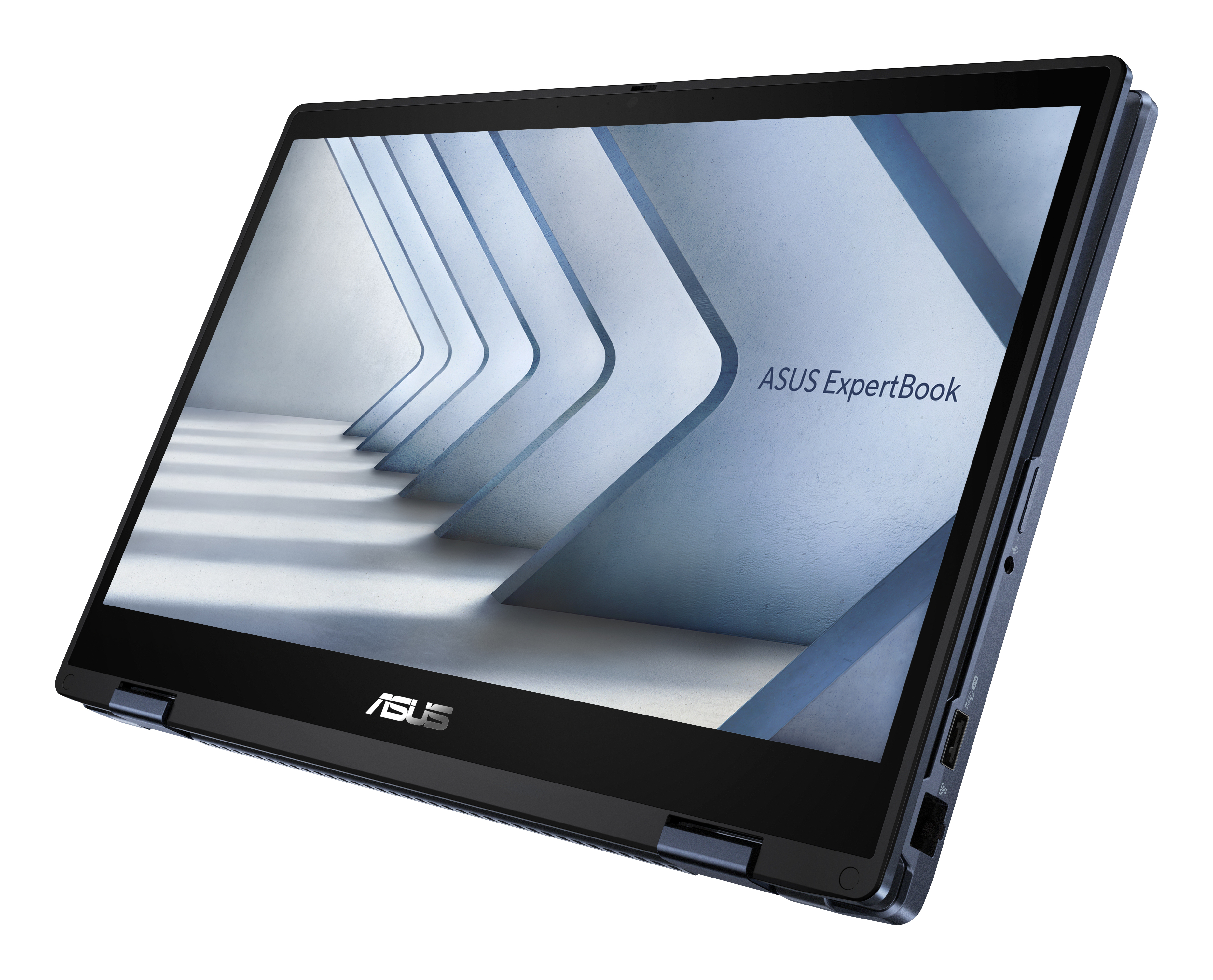 Un laptop ASUS ExpertBook è aperto. Lo schermo mostra un design astratto bianco e blu. Il laptop è grigio scuro.