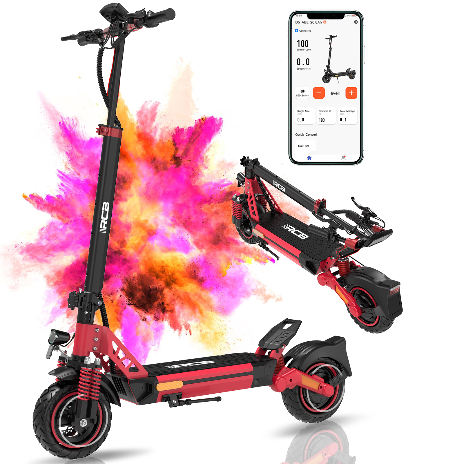 Ein Elektroroller mit roten und schwarzen Details wird angezeigt. Es gibt auch einen App-Bildschirm mit Akkuladestand und Geschwindigkeit.