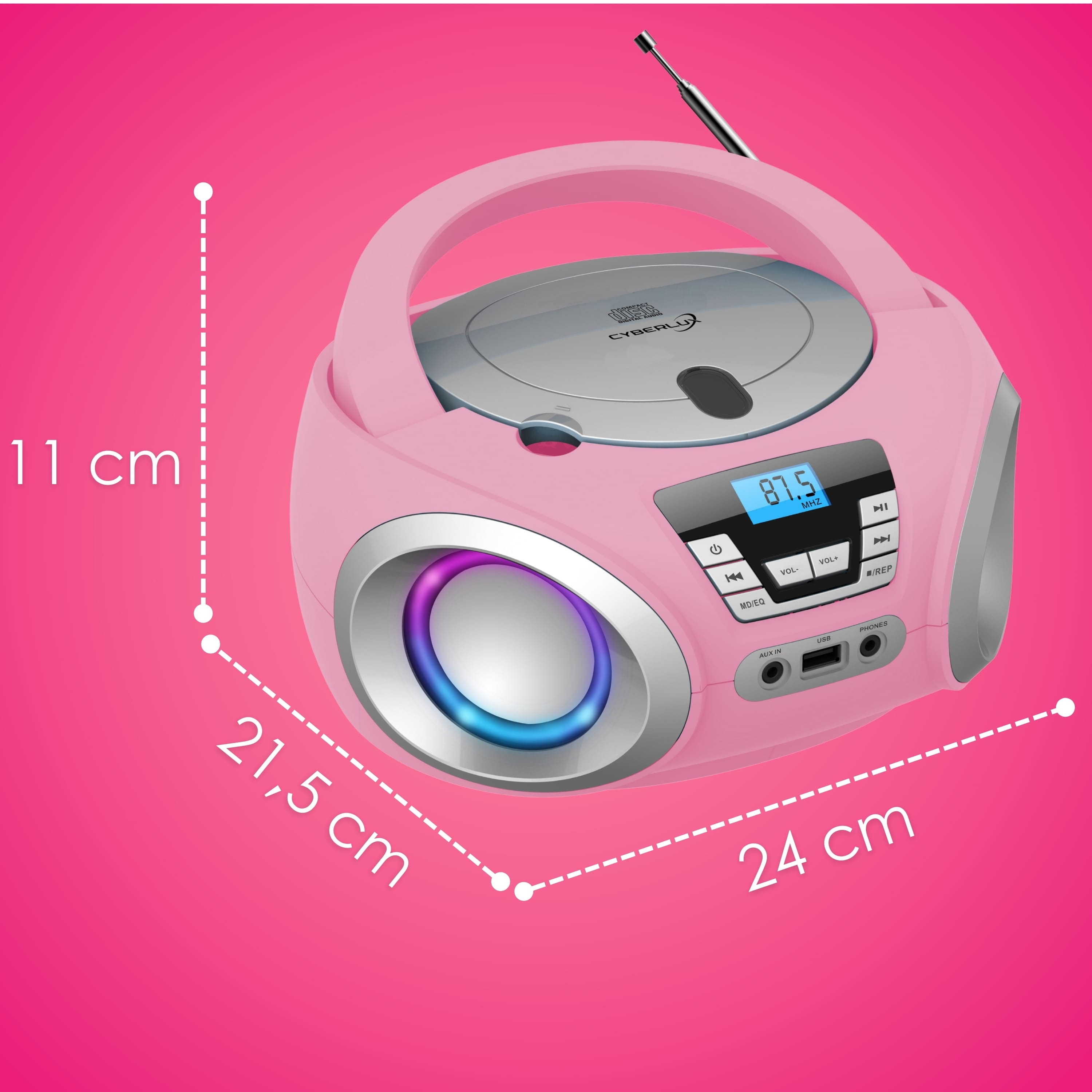 Pinkfarbener CD-Player mit Griff, Lautsprecher und Digitalanzeige, vor rosa Hintergrund mit Maßangaben.