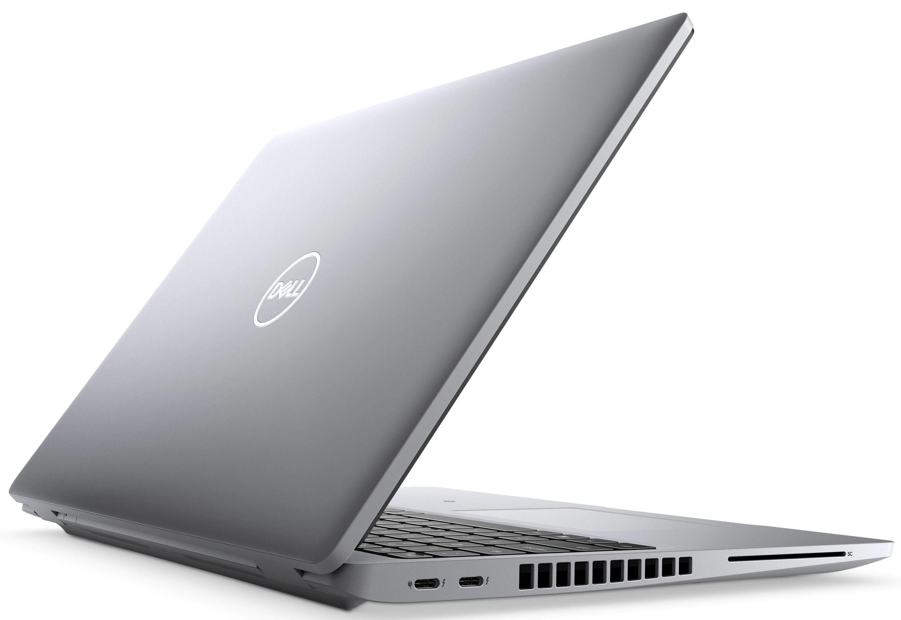 Ein silberner Laptop ist geöffnet. Das Dell-Logo befindet sich auf dem Deckel. Tastatur und Anschlüsse sind sichtbar. Weißer Hintergrund.