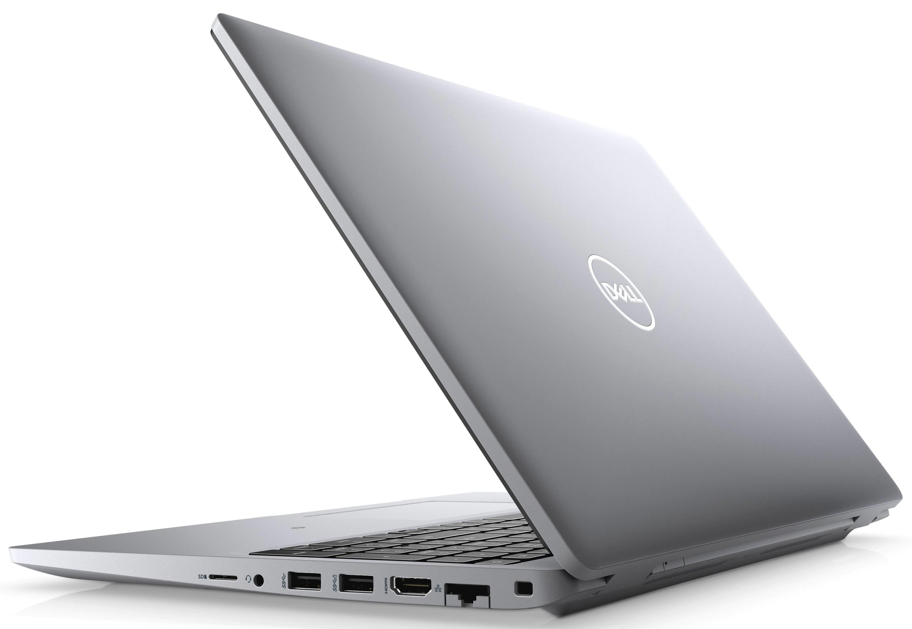 Ein silberner Laptop mit Dell-Logo ist geöffnet. Der Bildschirm ist nach oben geneigt und zeigt Tastatur und Anschlüsse.