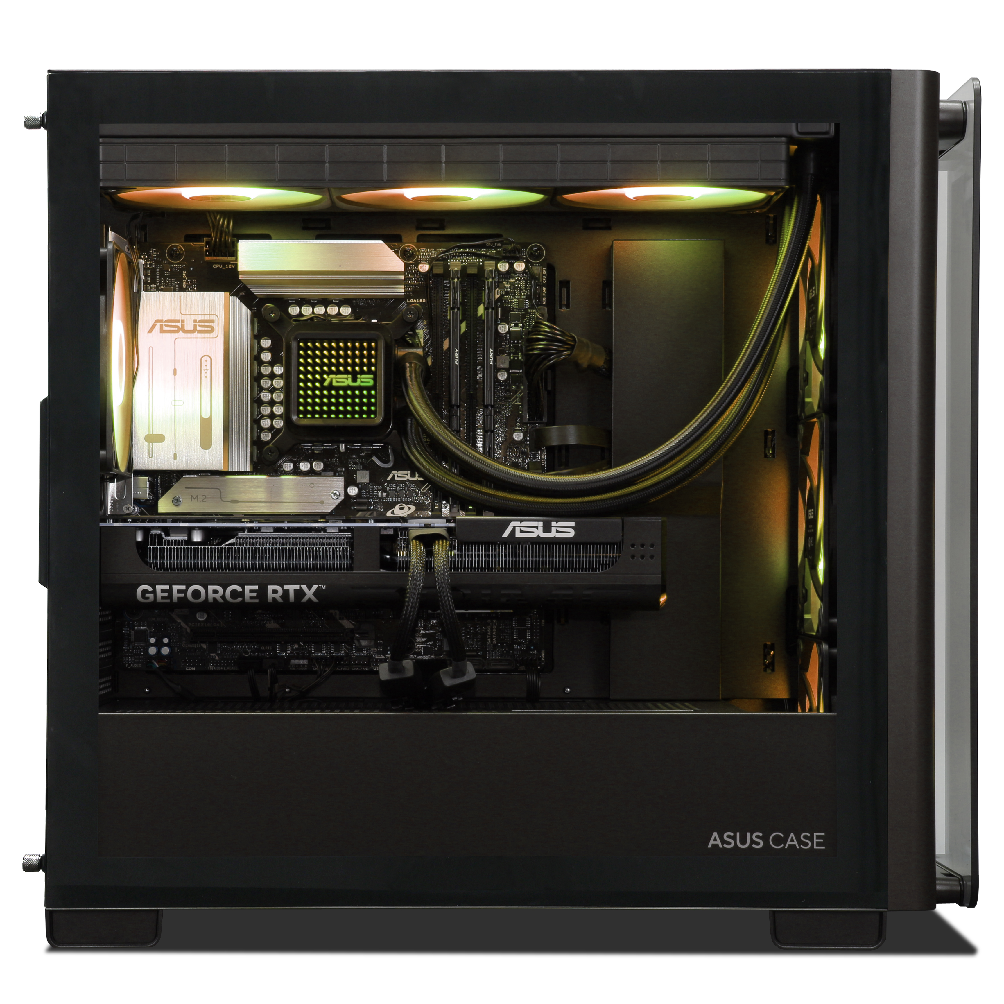 Ein Computergehäuse mit internen Komponenten wie Grafikkarte, Motherboard und Lüftern mit RGB-Beleuchtung.