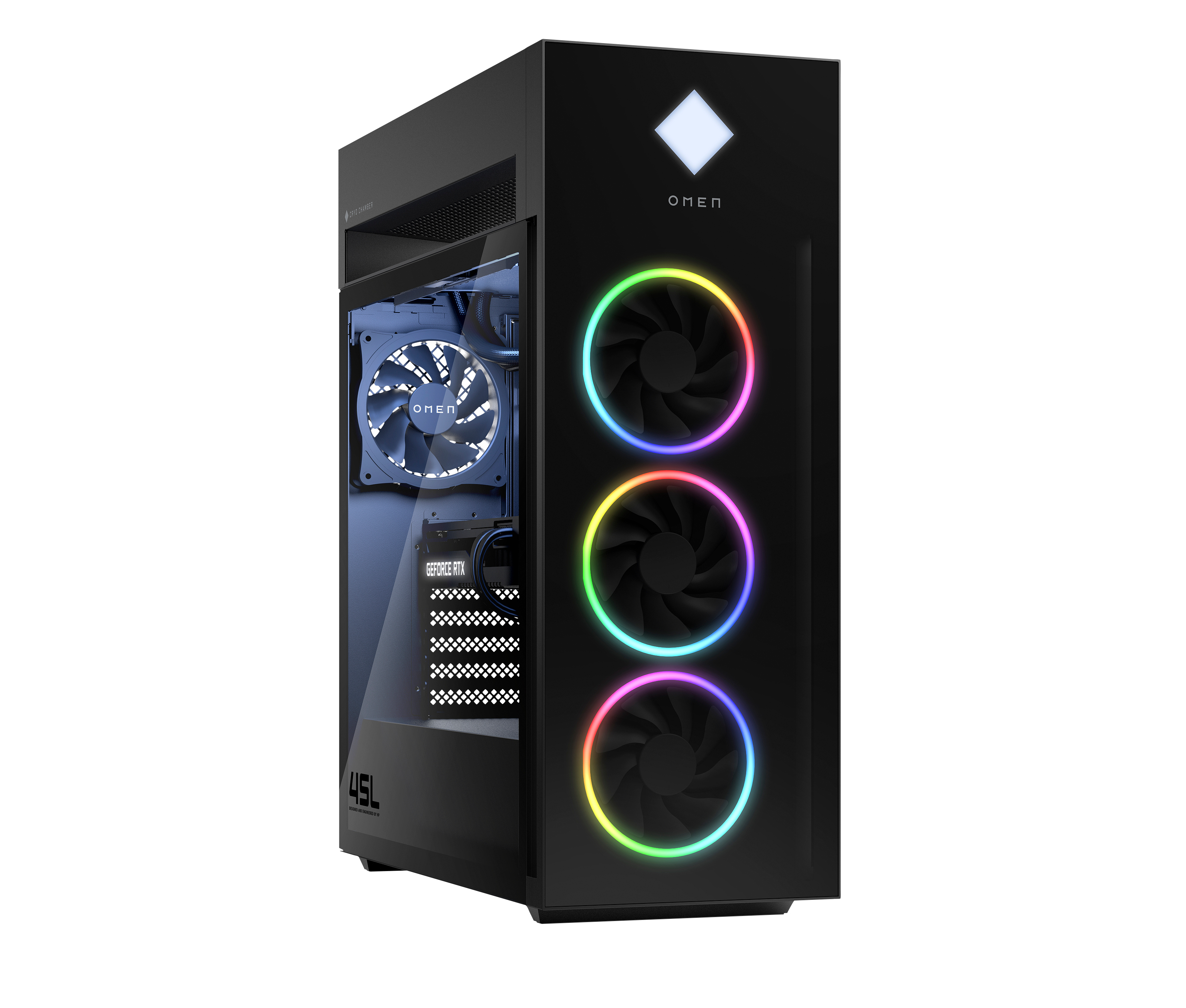Case PC OMEN nero con ventole RGB. Le caratteristiche includono un pannello laterale trasparente e il logo OMEN.