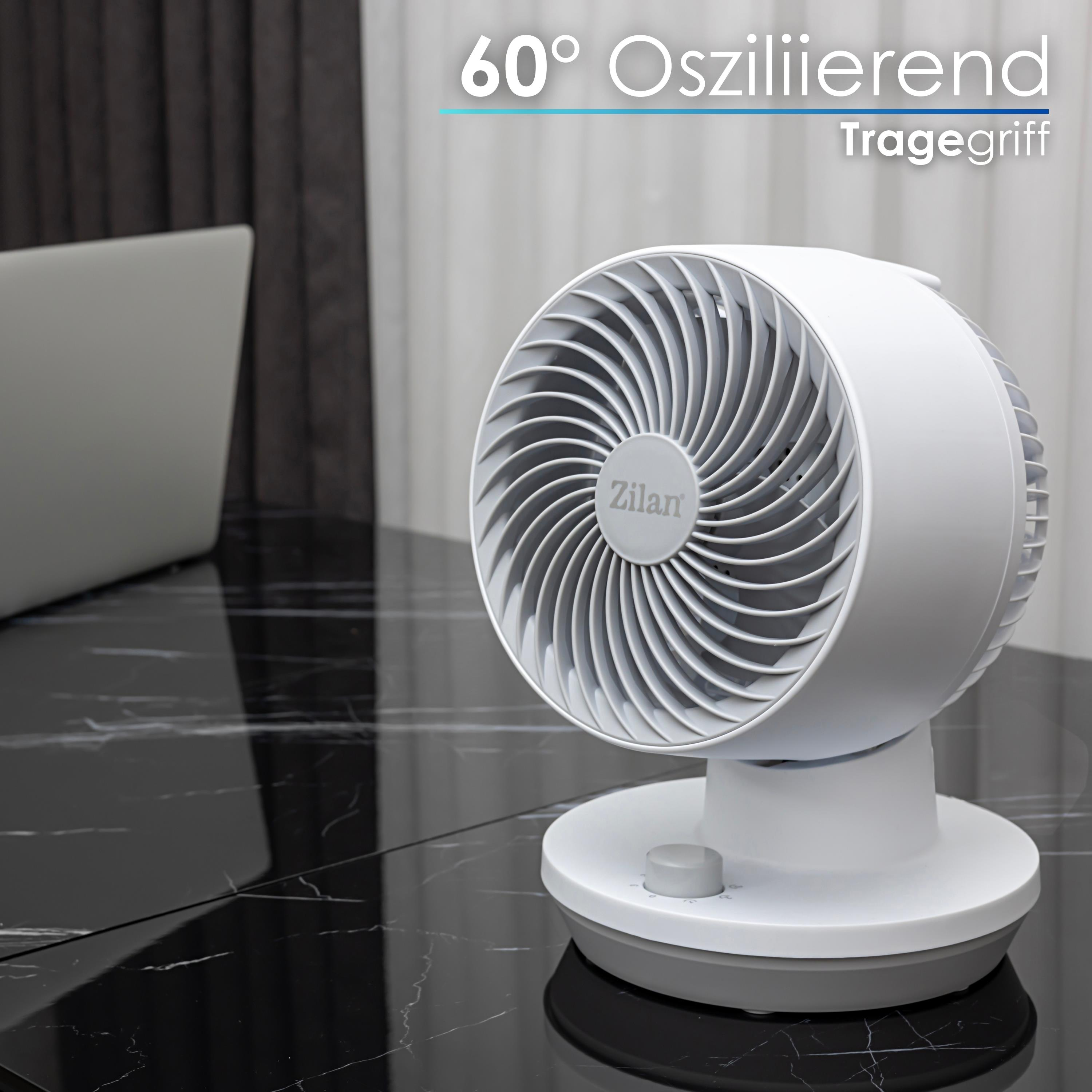 Ein weißer Zilan-Ventilator auf einem schwarzen Tisch. Der Ventilator hat einen runden Kopf und einen Drehknopf.