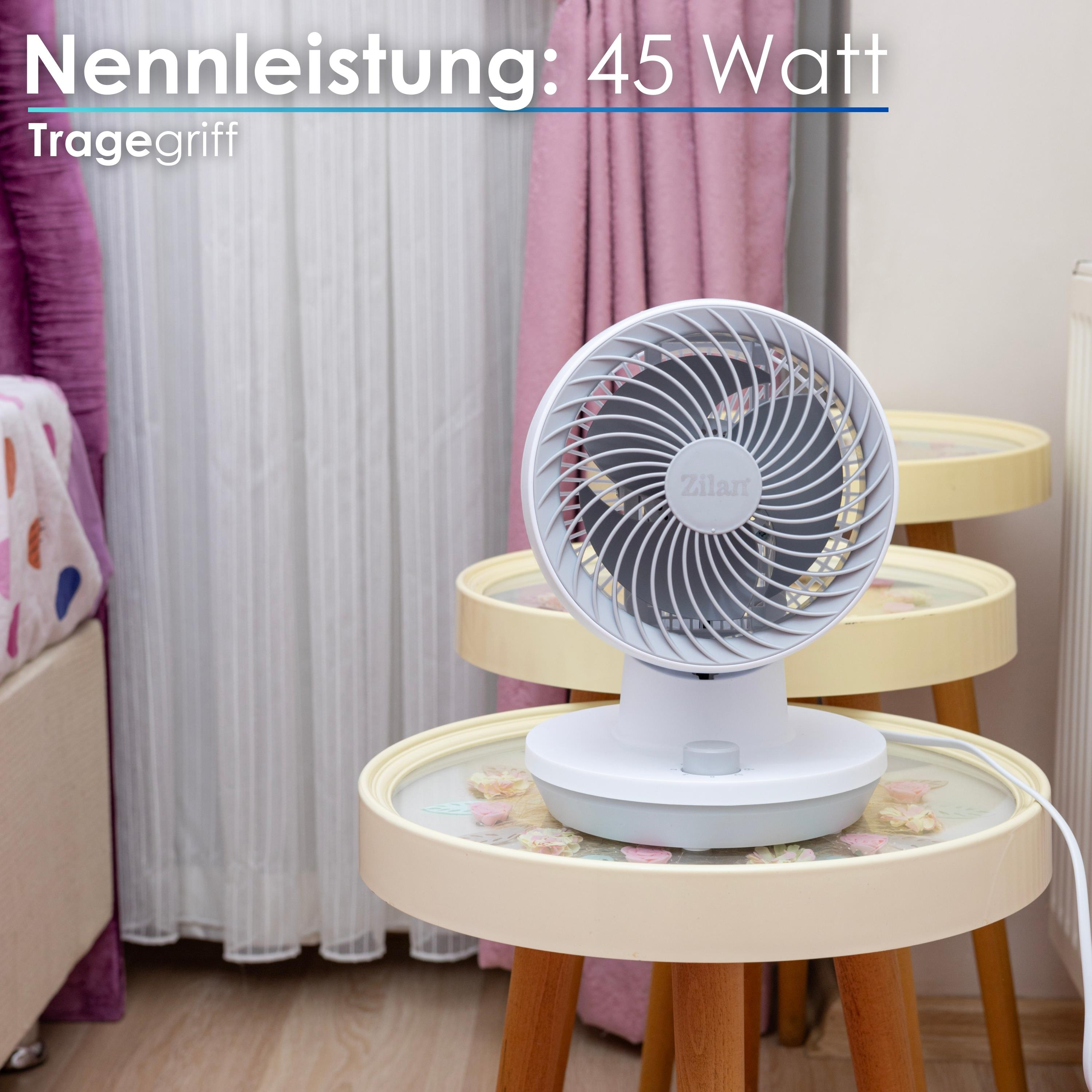 Weißer Ventilator auf einem Tisch. Im Hintergrund Vorhänge und weitere Tische.