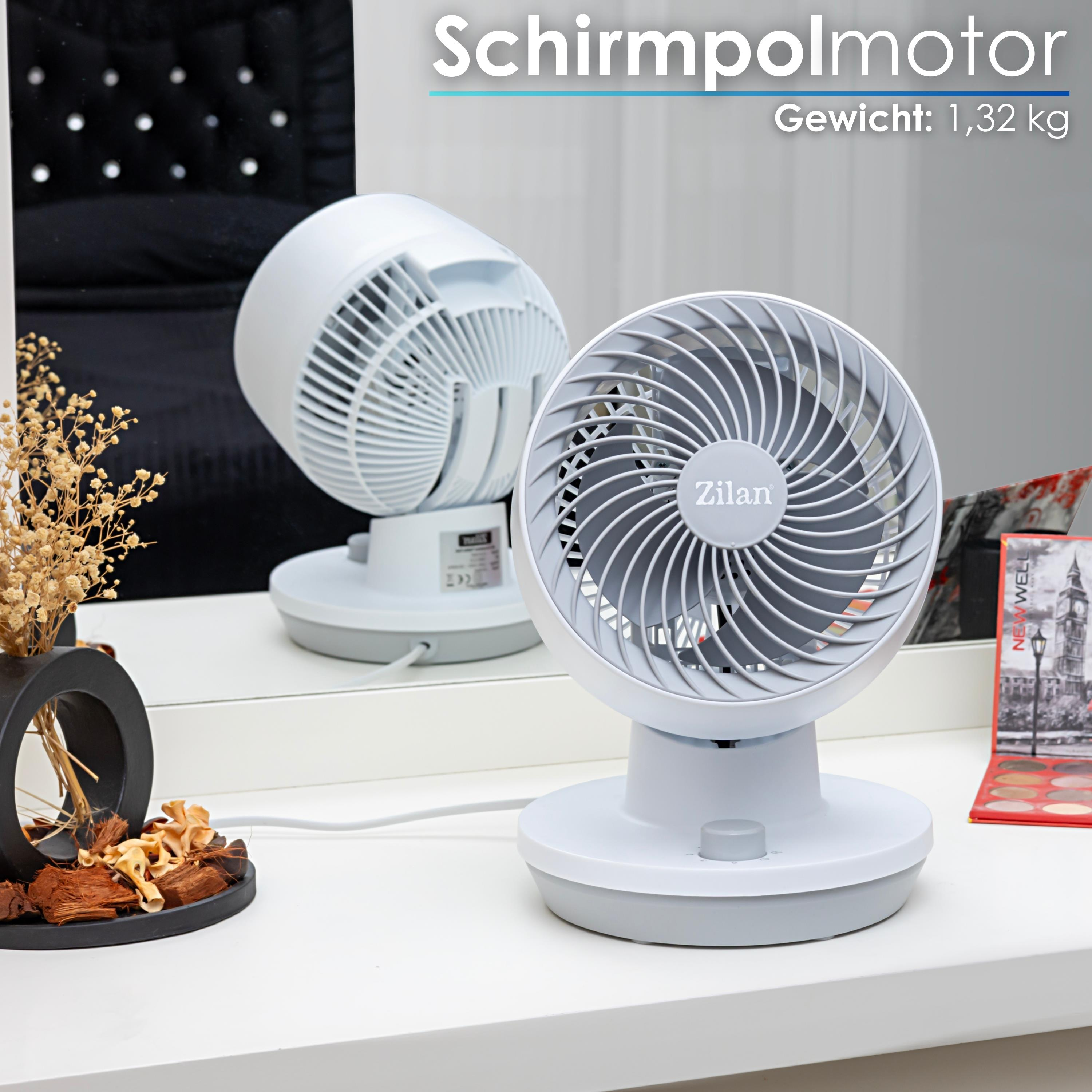 Ein weißer Zilan-Ventilator auf einer weißen Oberfläche. Links eine schwarze Vase mit getrockneten Blumen. Ein Spiegel spiegelt den Ventilator wider.