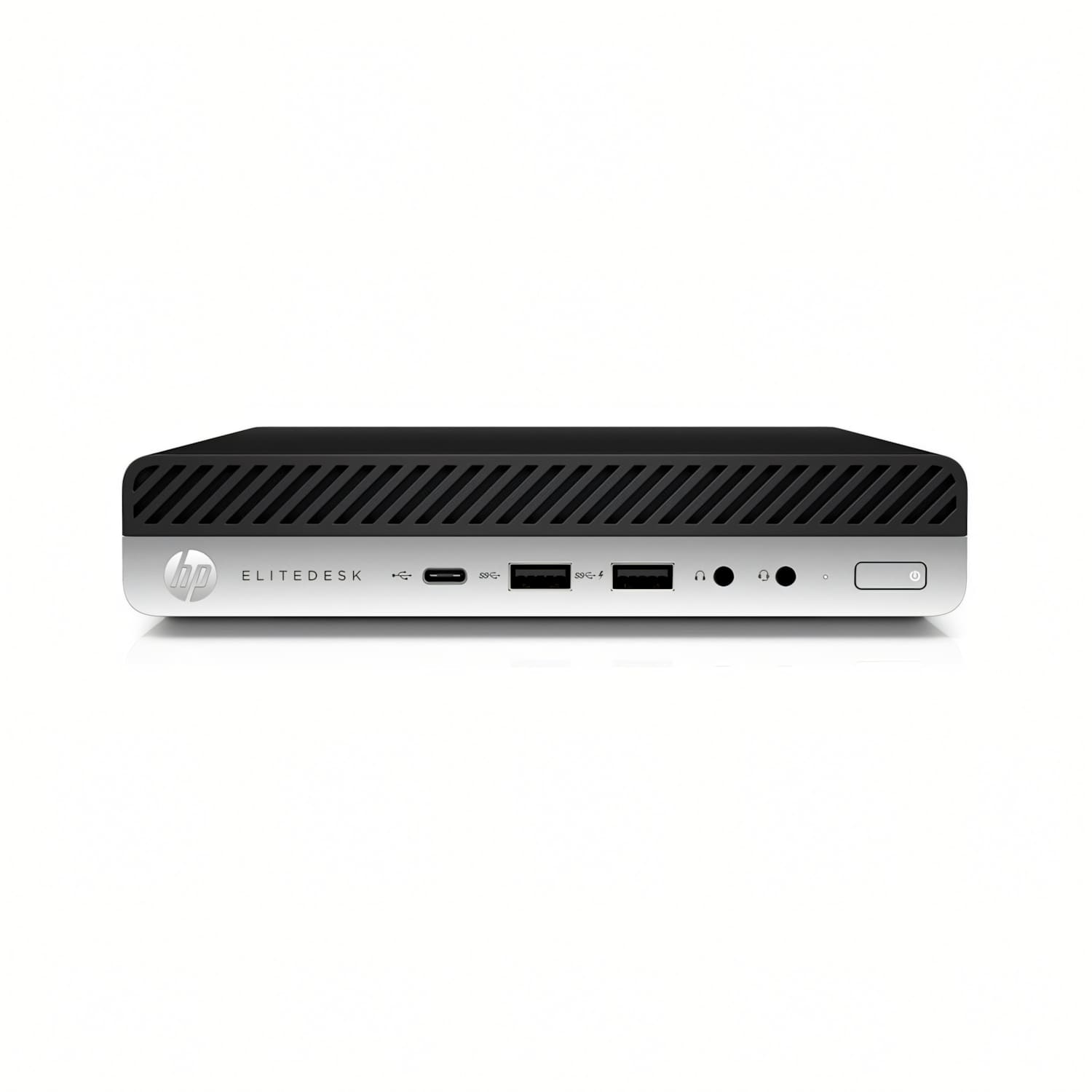 Ordenador HP Elitedesk negro y plateado. Tiene varios puertos USB, conectores de audio y un botón de encendido. Fondo blanco.