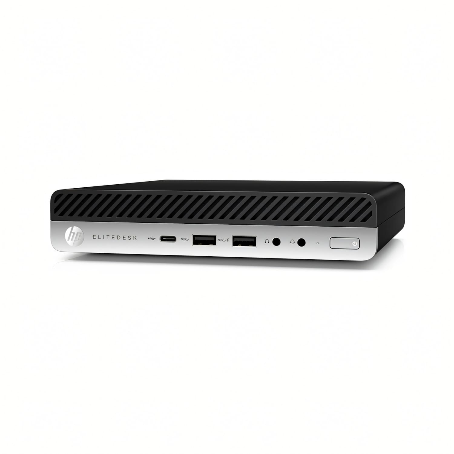 Una mini PC HP EliteDesk. Es una computadora pequeña y negra con detalles plateados, incluido el logotipo de HP y varios puertos.