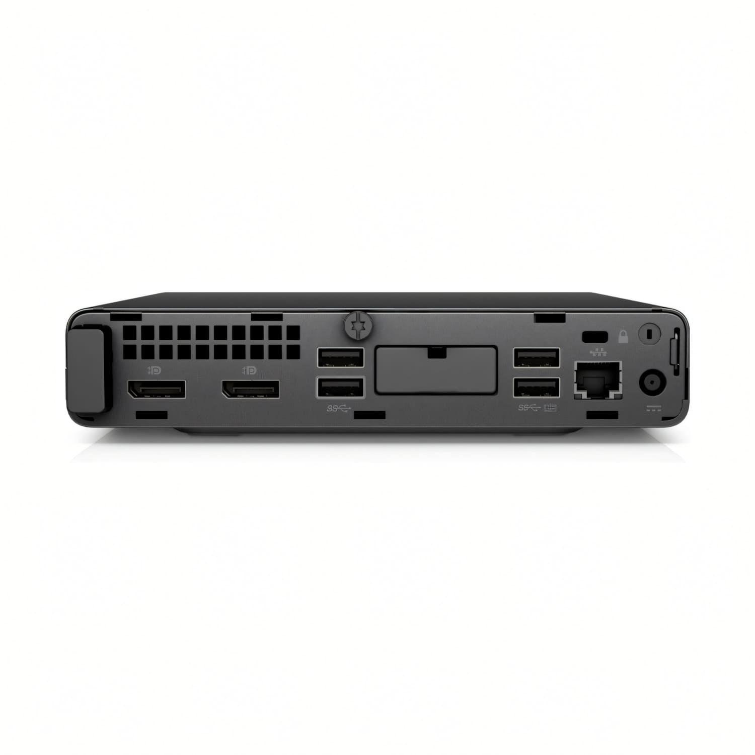 Un dispositivo informático negro con múltiples puertos y conectores. Vista frontal, con una serie de puertos y un botón de encendido.