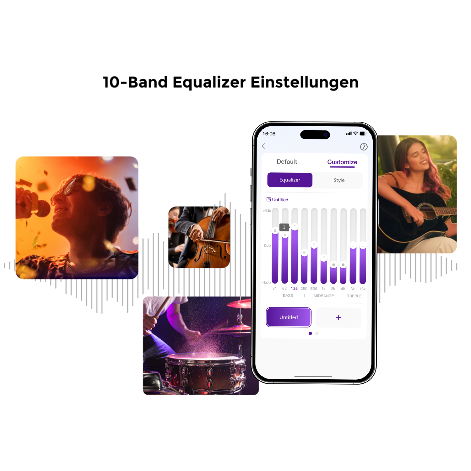 Eine App-Oberfläche zeigt Equalizer-Einstellungen. Bilder eines Sängers, Cellisten, Schlagzeugers und einer Frau mit Gitarre werden angezeigt.
