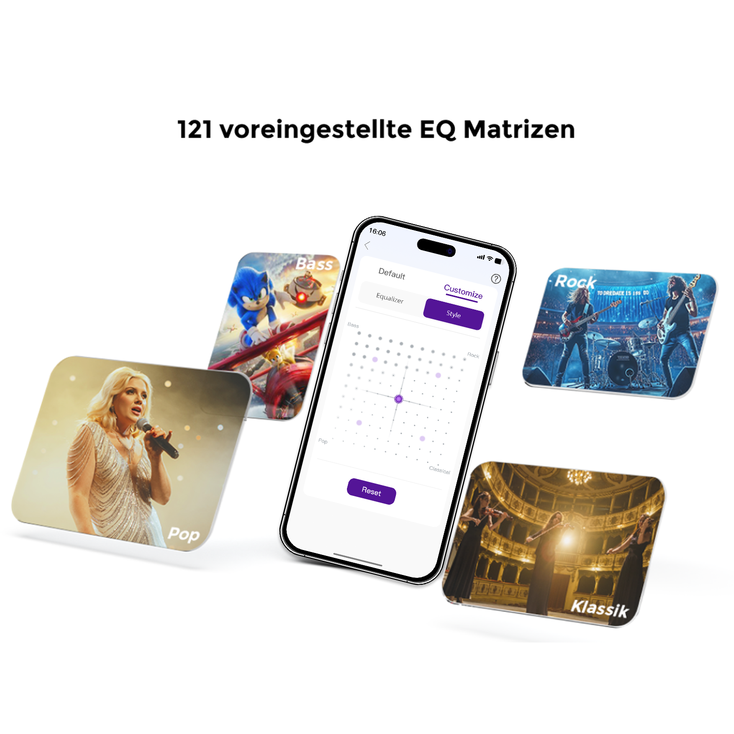 Ein Smartphone zeigt eine Equalizer-Oberfläche. Drumherum befinden sich Bilder mit den Bezeichnungen Bass, Pop, Rock und Klassik.