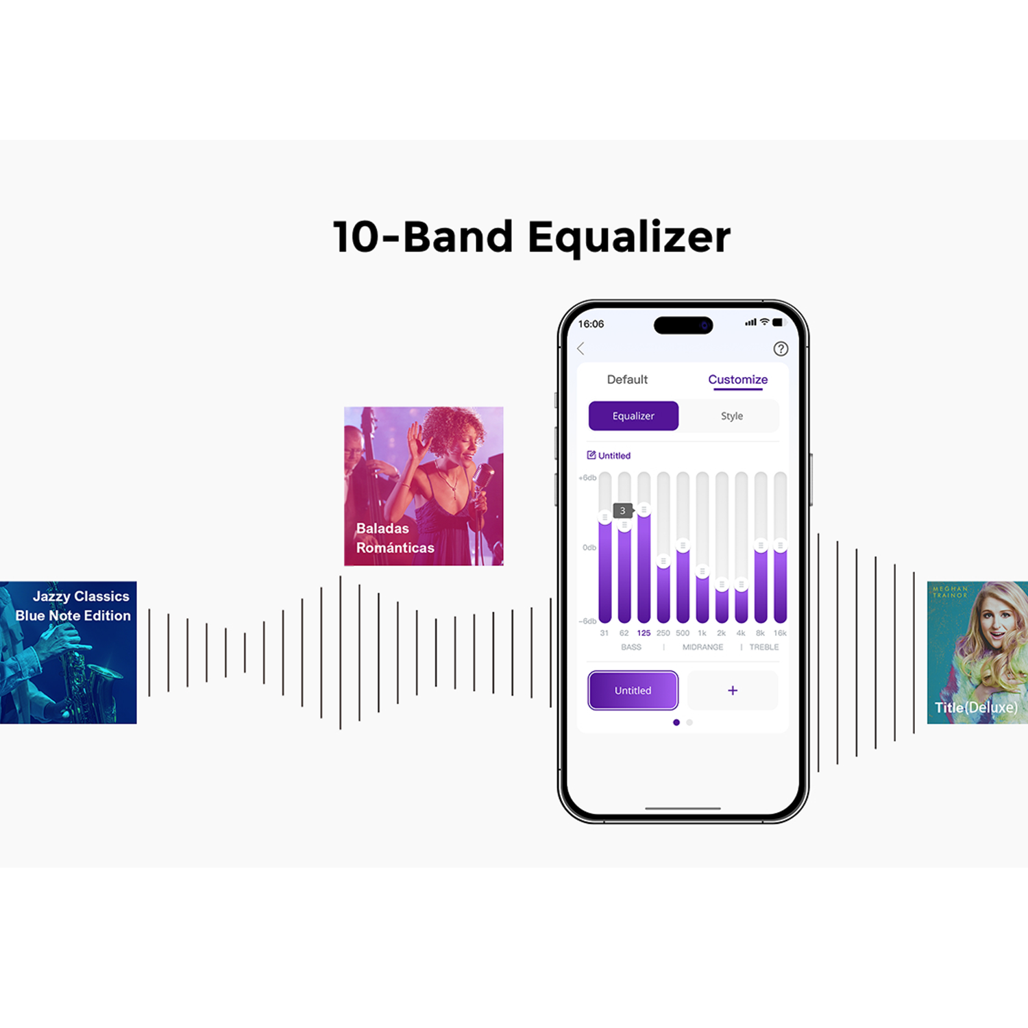 Ein Equalizer auf einem Telefonbildschirm mit Musikalben-Covern auf beiden Seiten. Eine Frau singt auf dem Bildschirm. Der Text lautet '10-Band Equalizer'.