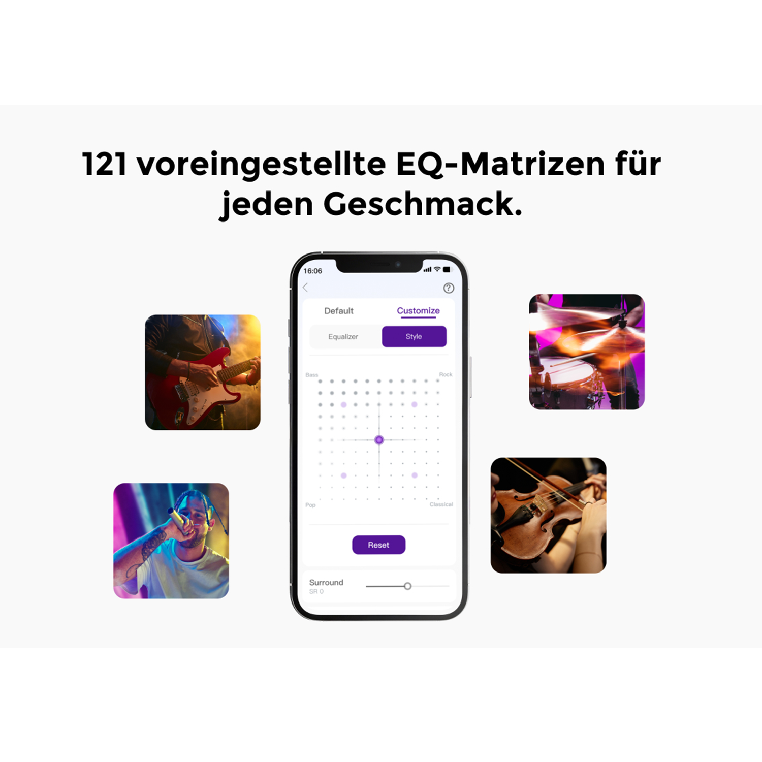 Smartphone zeigt EQ-Einstellungen mit Musik-Miniaturansichten. Text lautet '121 EQ-Matrizen für jeden Geschmack'.
