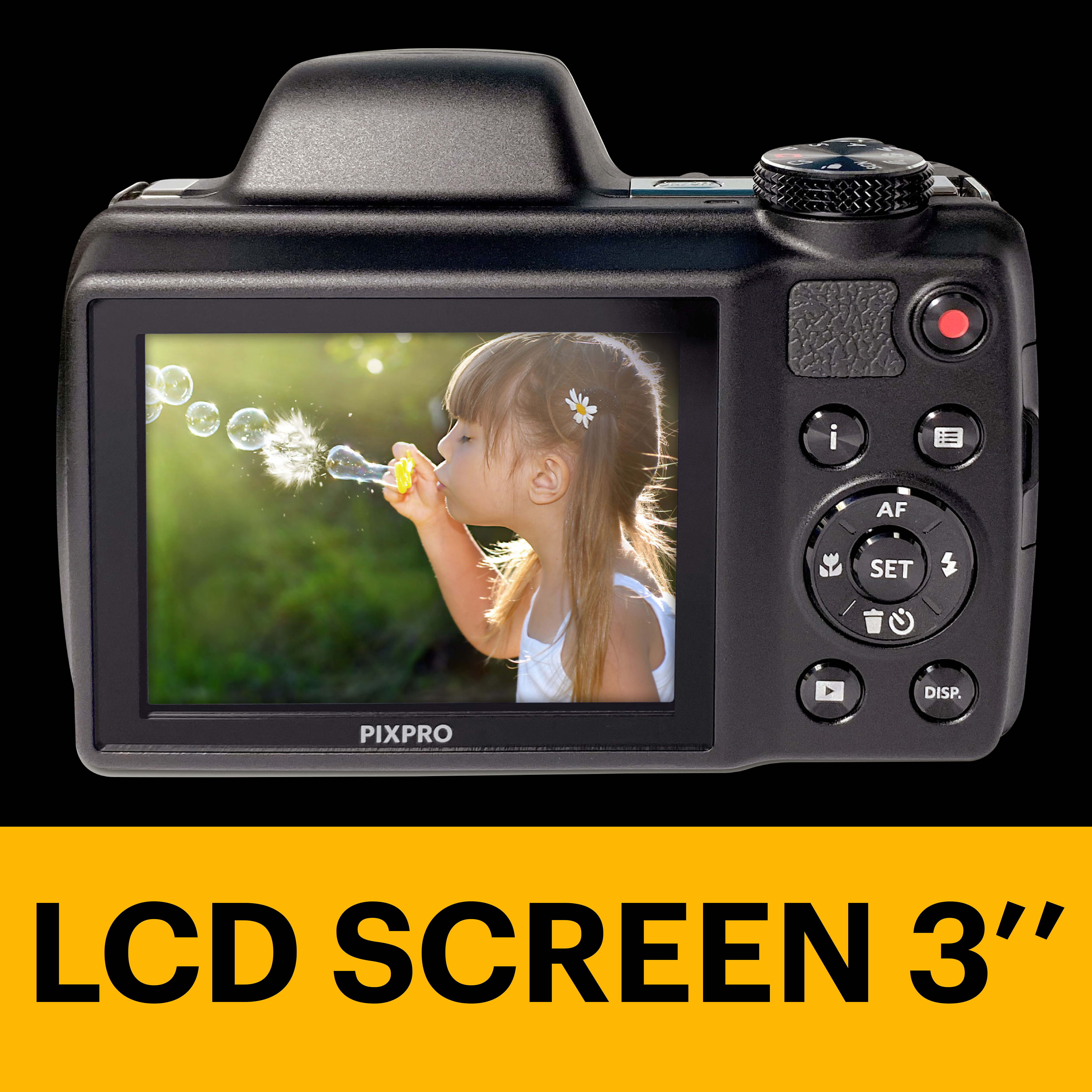 Czarny aparat cyfrowy z ekranem pokazującym dziewczynkę dmuchającą bańki. Tekst na dole: EKRAN LCD 3".