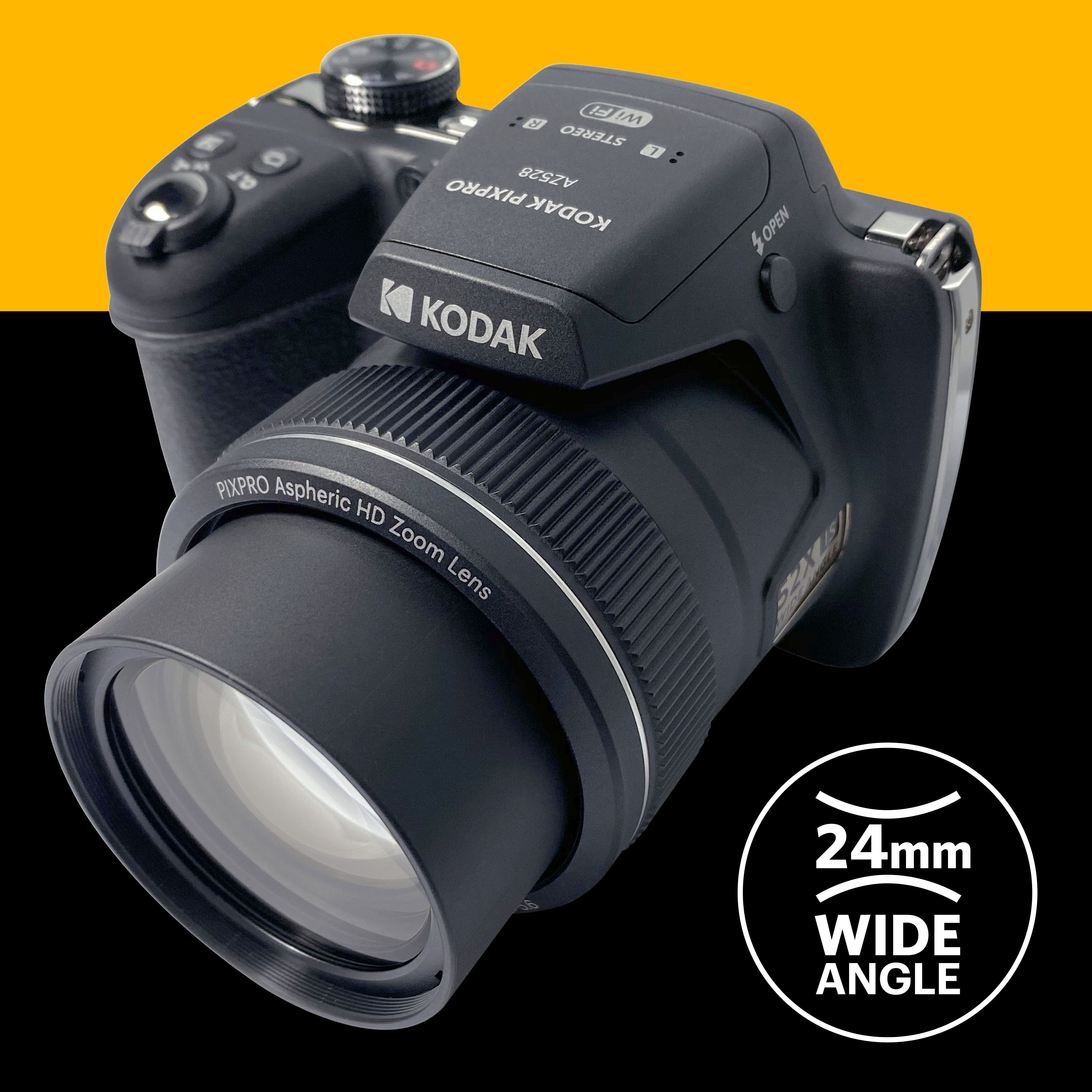 Czarny aparat Kodak Pixpro AZ528 z obiektywem szerokokątnym. Tło jest podzielone na żółte i czarne.