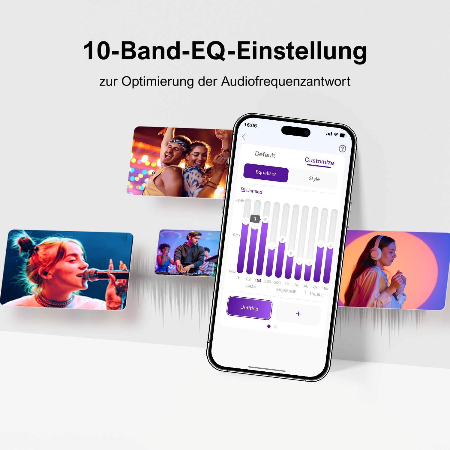 Ein Smartphone zeigt eine Equalizer-Oberfläche an. Andere Bilder zeigen Menschen, die Musik genießen. Text enthält "10-Band-EQ-Einstellung".