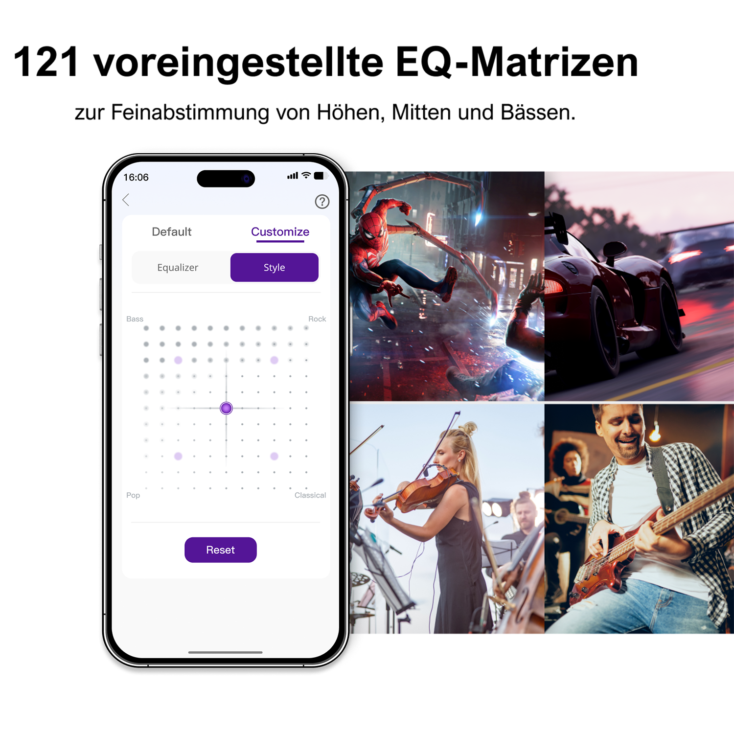 Ein Smartphone zeigt eine EQ-Oberfläche mit Anpassungsoptionen. Bilder von Spider-Man, Autos, einer Geigerin und einem Gitarristen umgeben es.