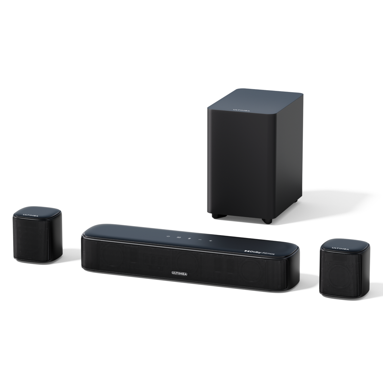 Czarny system dźwiękowy z subwooferem, soundbarem i dwoma głośnikami satelitarnymi, wszystkie z logo Ultimea, na białym tle.