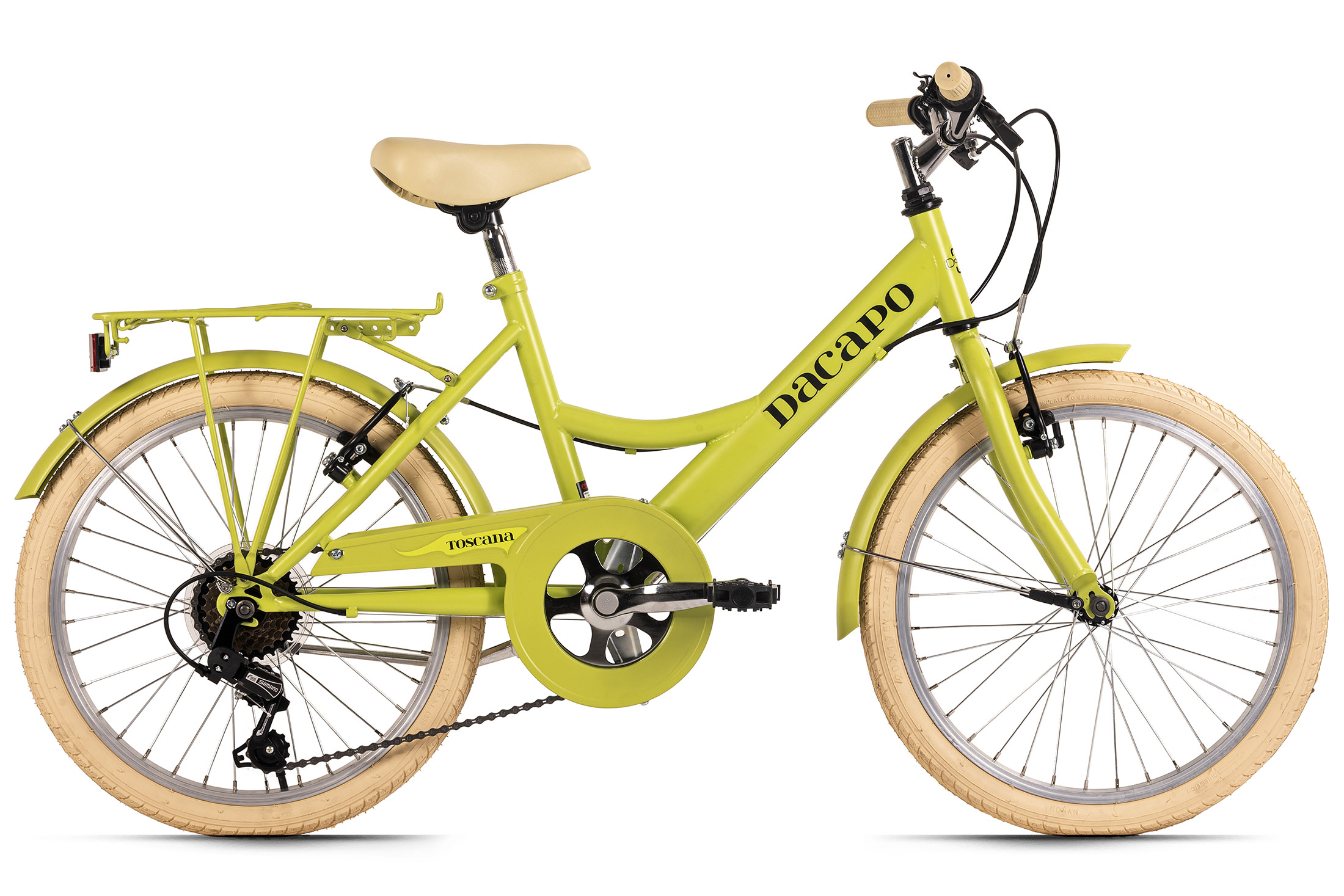 Ein hellgrünes Dacapo-Fahrrad mit beigefarbenen Reifen und Sitz. Es hat einen Gepäckträger, eine Kette und ein Toscana-Etikett.