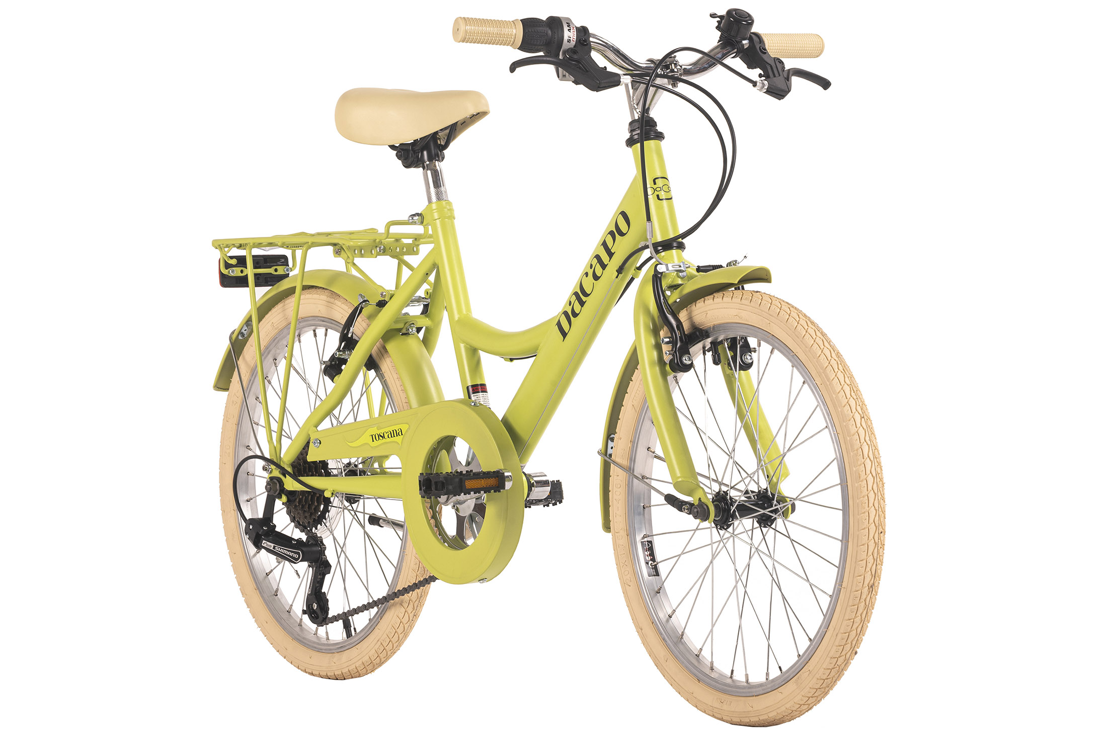 Ein hellgrünes Toscana Dacapo Fahrrad mit cremefarbenen Reifen und Sitz auf weißem Hintergrund. Das Fahrrad ist zentriert und nach vorne gerichtet.