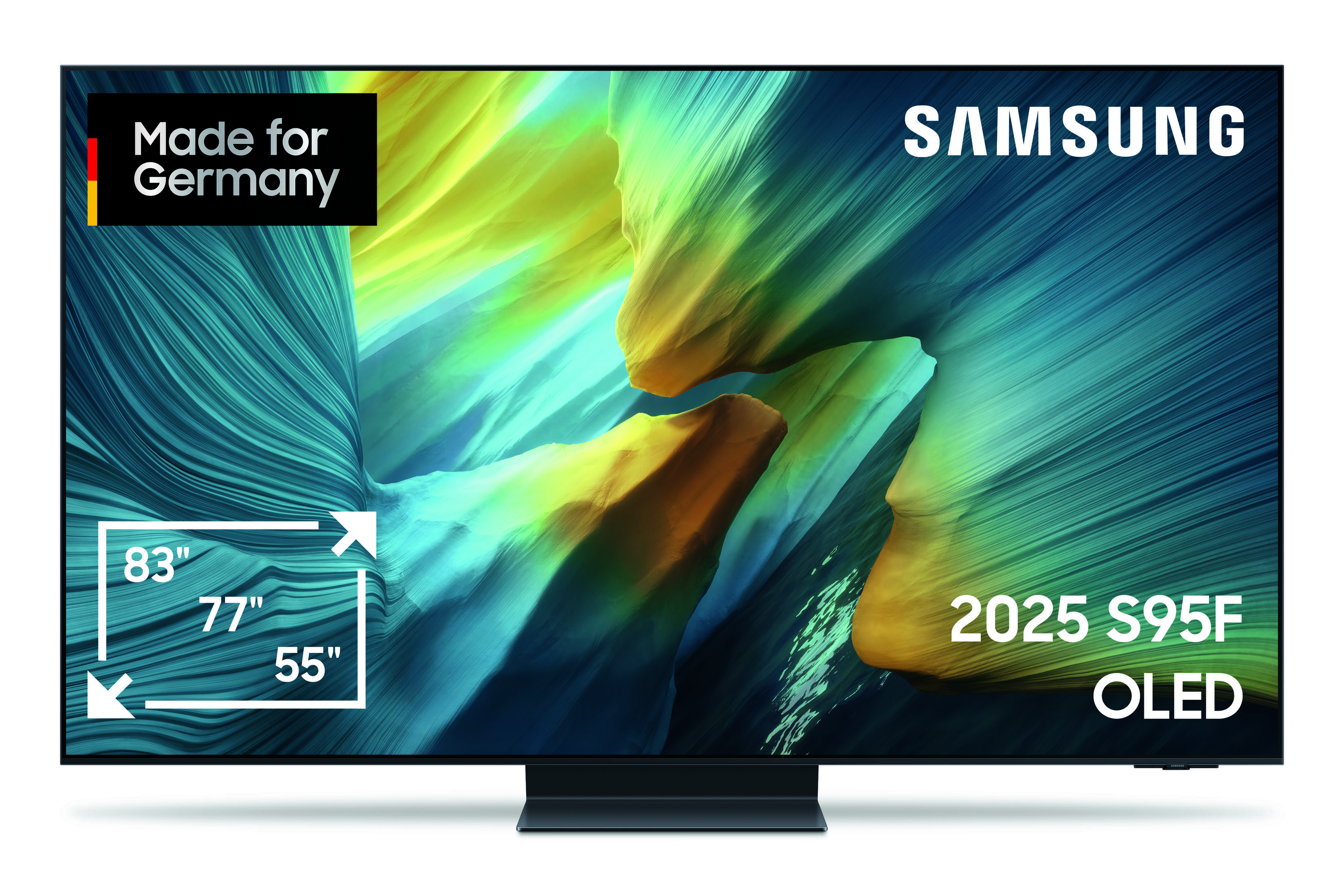 Telewizor OLED Samsung. Ekran wyświetla abstrakcyjną sztukę w kolorach niebieskim, żółtym i brązowym. Tekst brzmi 'Made for Germany' i '2025 S95F OLED'.