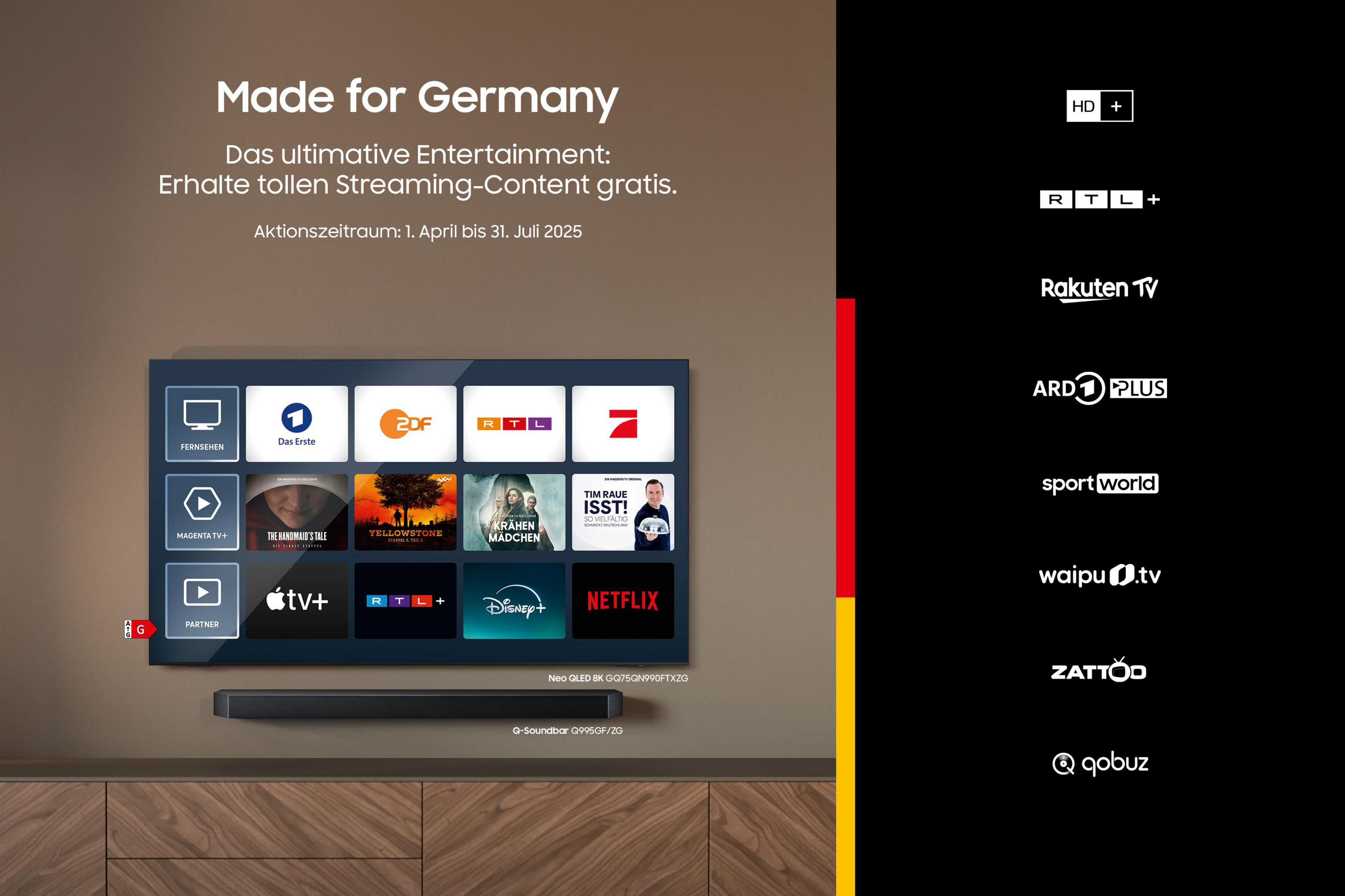 Ekran telewizora z usługami streamingowymi, logo, na brązowej ścianie. Tekst: 'Made for Germany'.