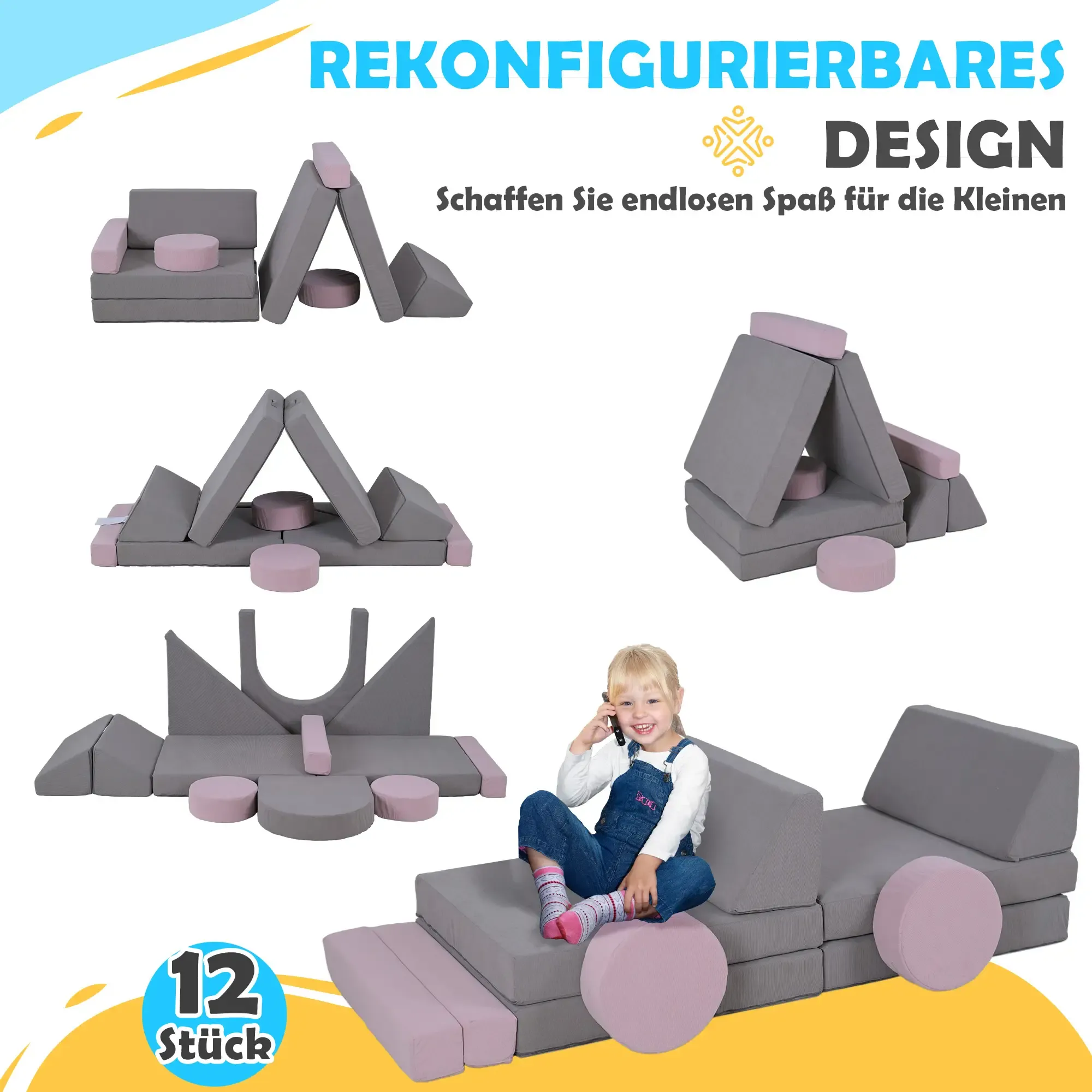 Das Bild zeigt ein Kind auf einem Spielplatz. Es besteht aus grauen und rosa Schaumstoffblöcken. Oben steht der Text 'REKONFIGURIERBARES DESIGN'.