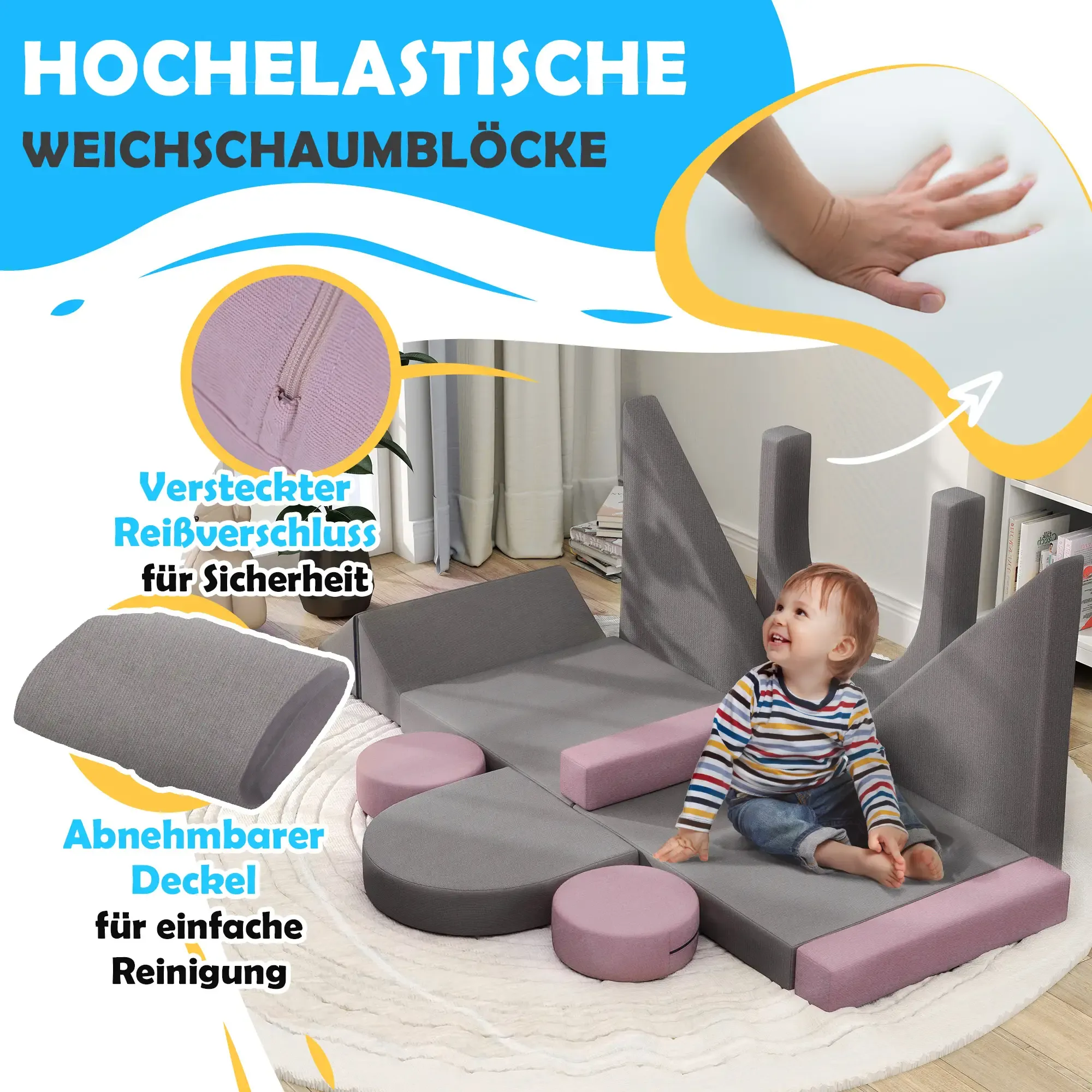 Ein Kleinkind spielt auf einem grau-rosa Schaumstoff-Spielset. Das Set umfasst Blöcke, Bögen und Zylinder. Text auf Deutsch ist ebenfalls vorhanden.