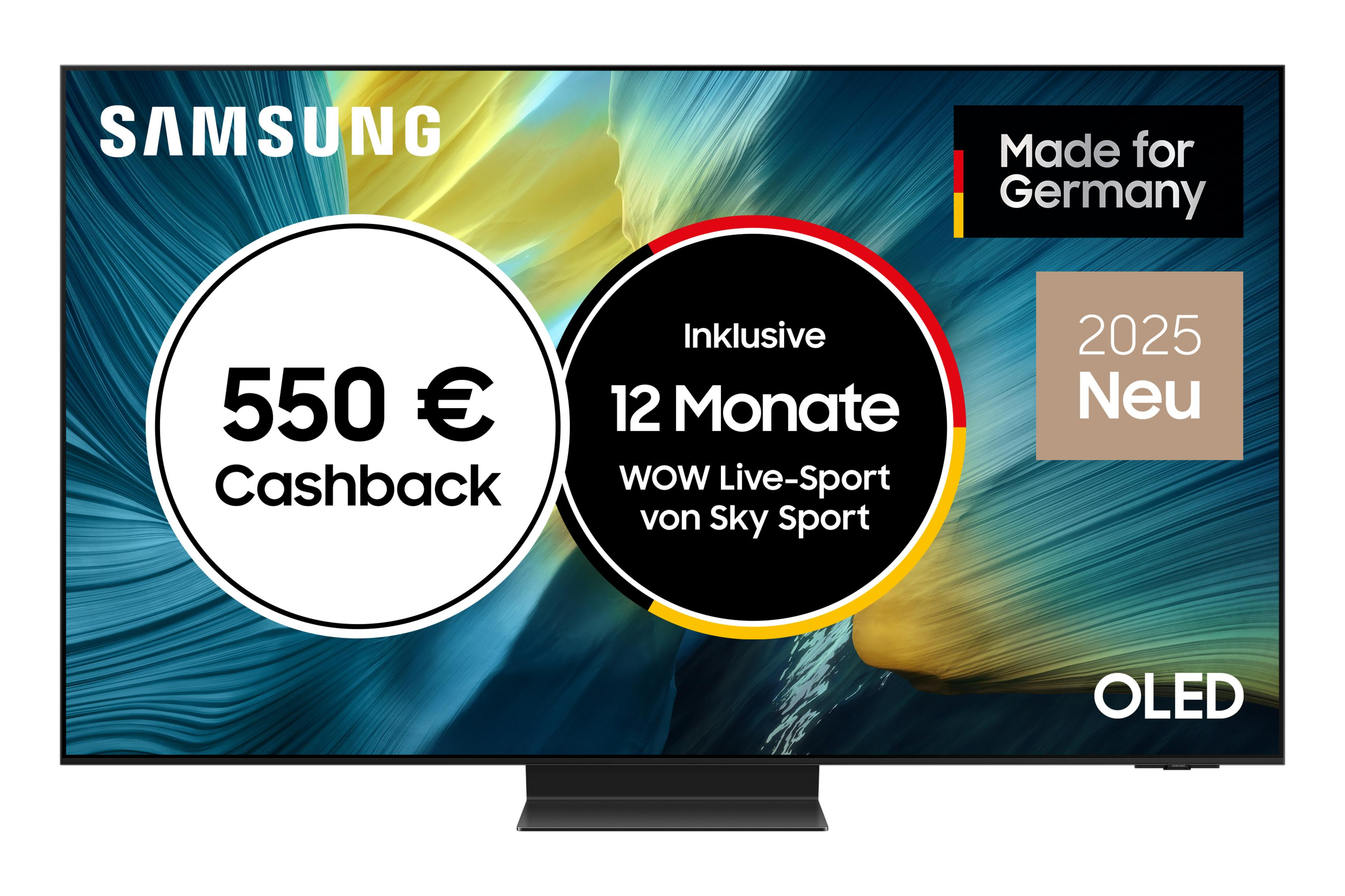 TV OLED Samsung con offerta cashback di 550€, include 12 mesi di WOW Live-Sport ed è 'Made for Germany'.