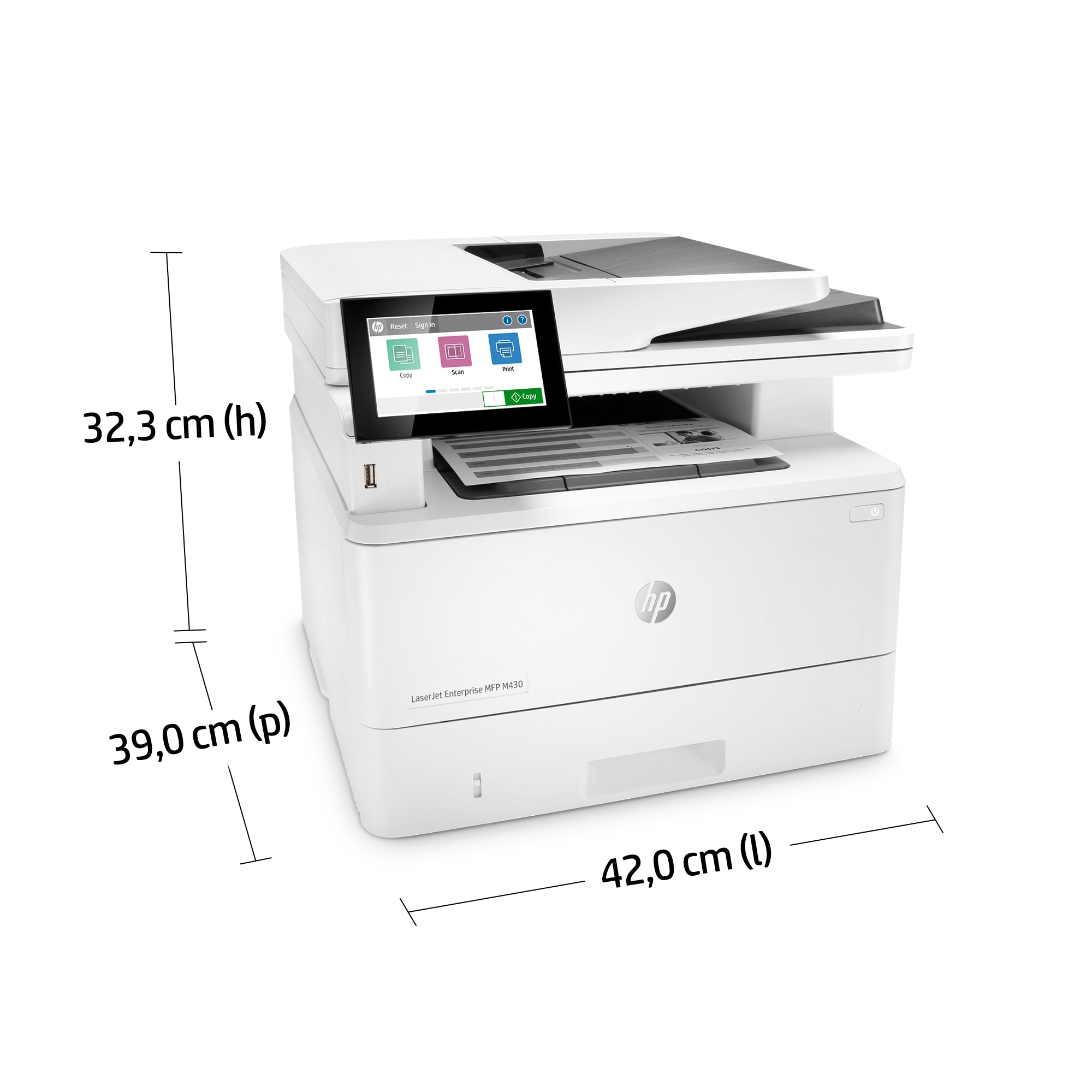 Biała drukarka HP LaserJet Enterprise MFP M430. Wymiary: 32,3 cm wysokości, 39 cm głębokości i 42 cm szerokości. Posiada ekran dotykowy.