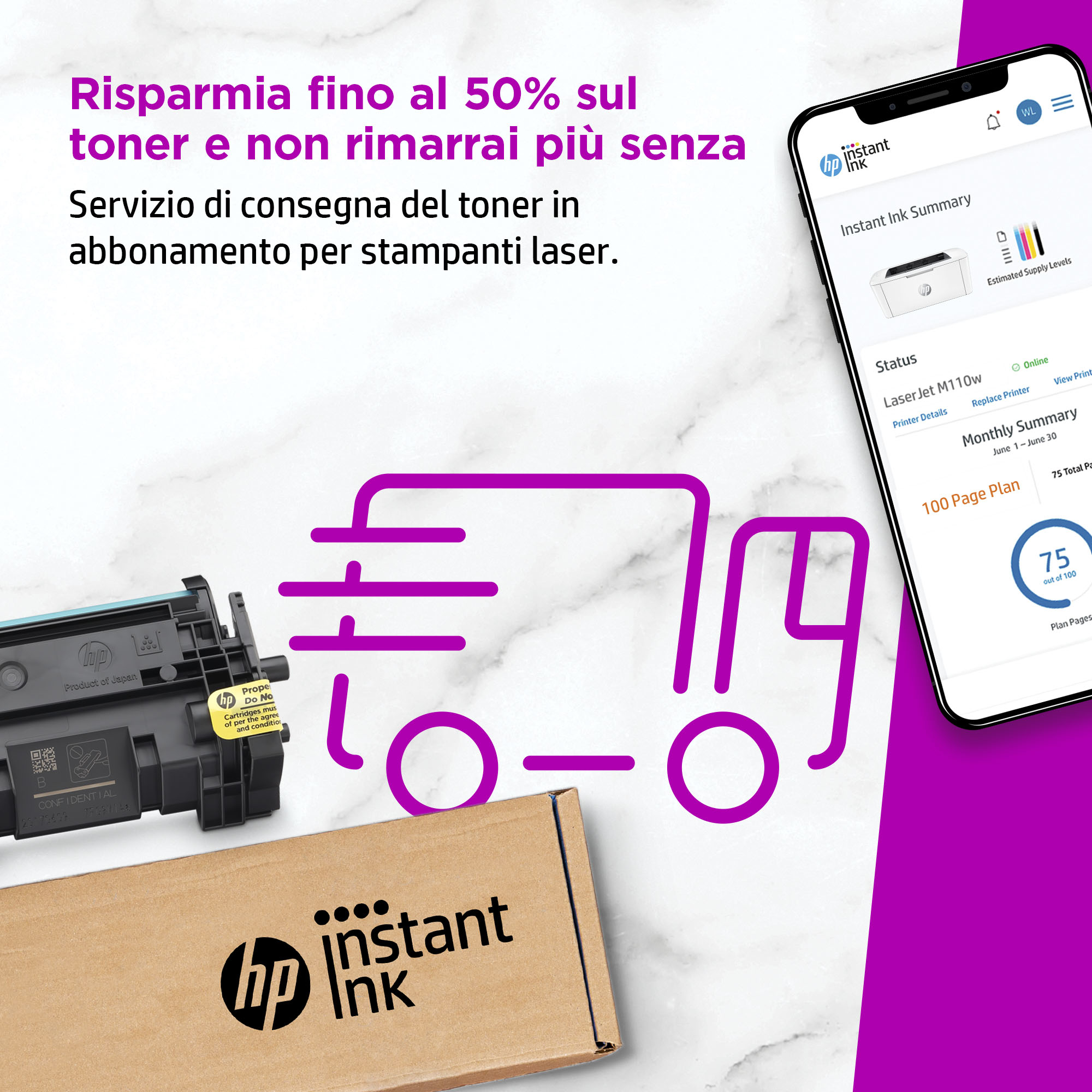 Bild zeigt ein HP Instant Ink-Angebot. Tonerkartusche, LKW-Grafik und Telefon mit Tintenübersicht.