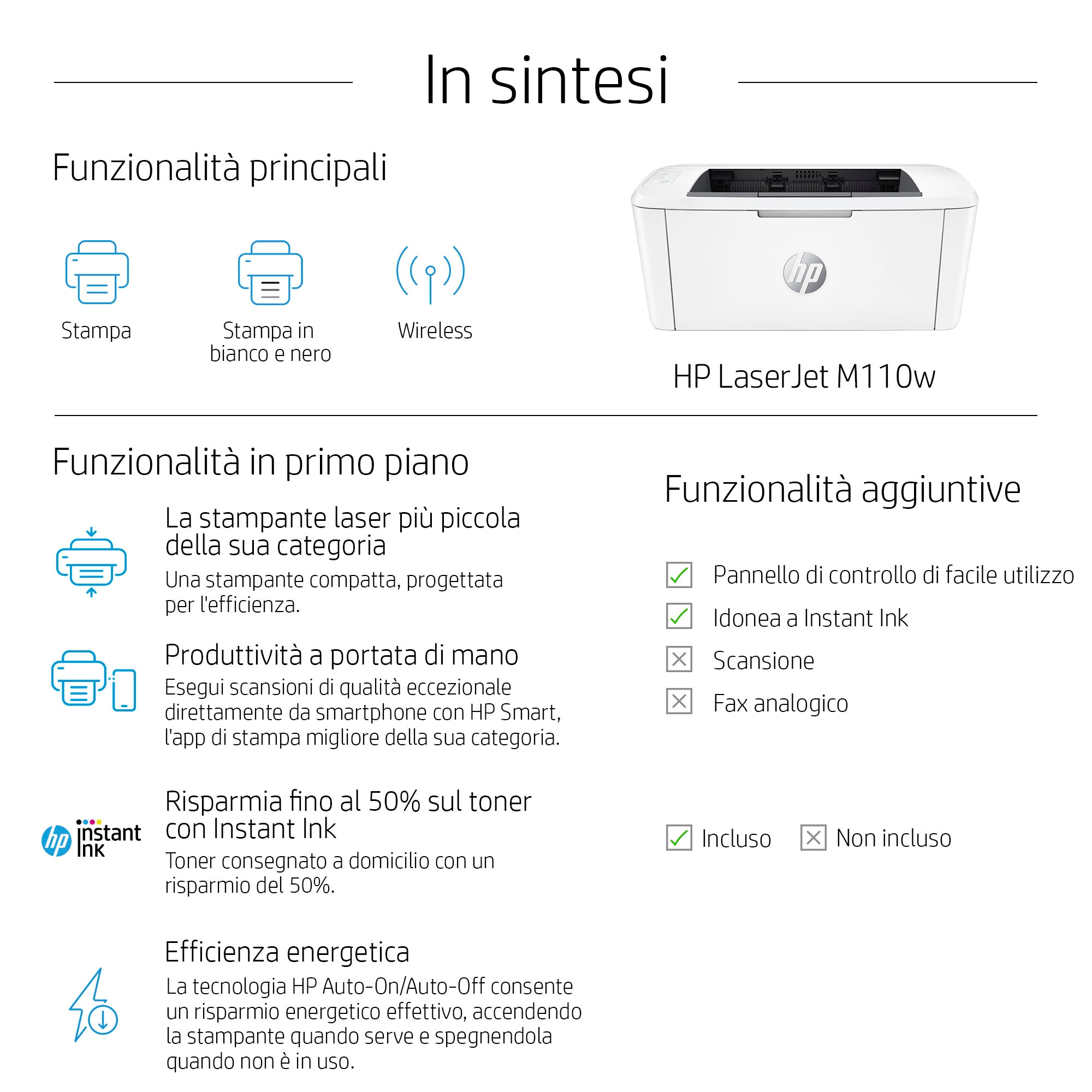 Ein HP LaserJet M110w Drucker wird gezeigt. Er verfügt über Funktionen wie Drucken, Wireless und Schwarzweißdruck. Weitere Funktionen sind aufgeführt.